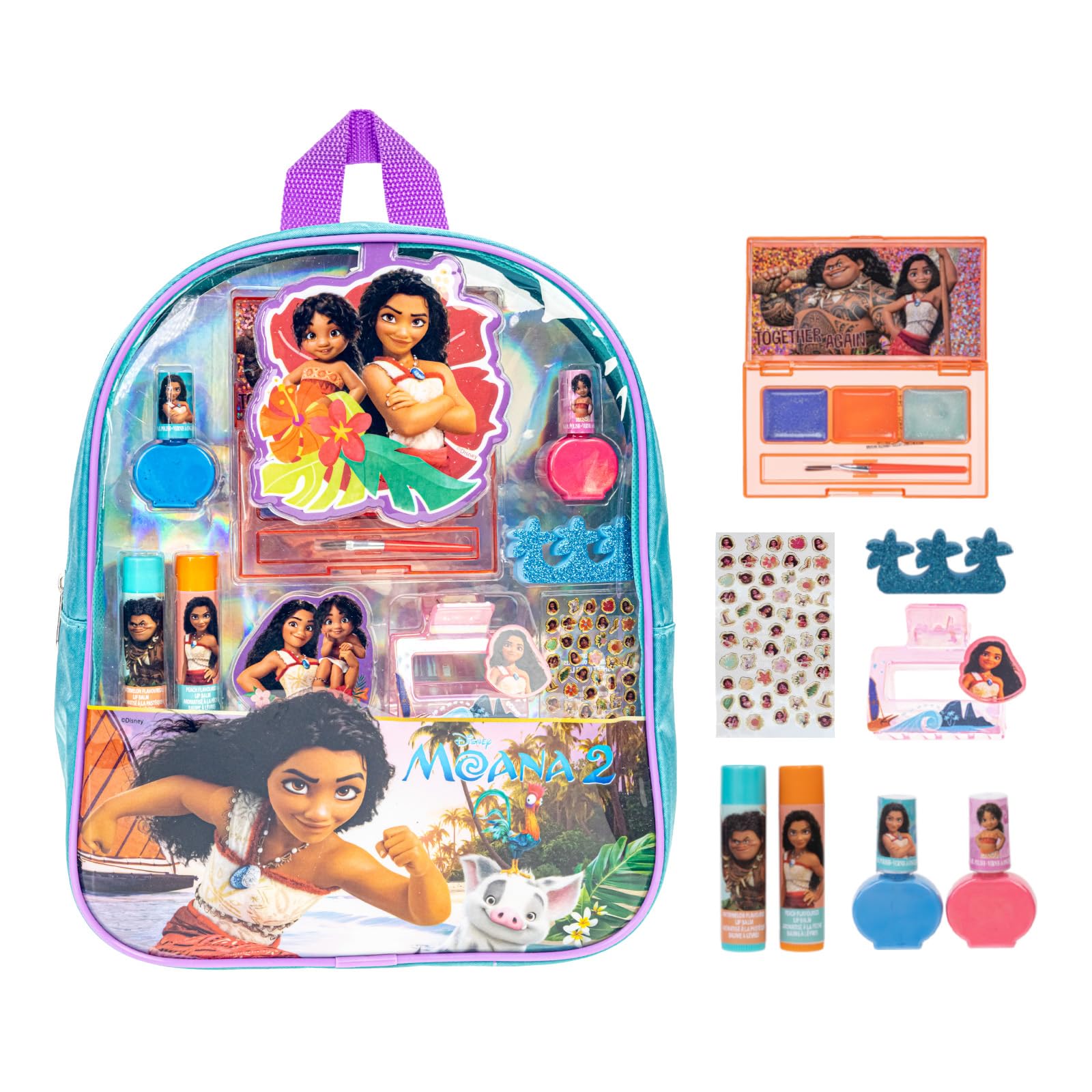 Disney Moana 2 Makeup Filled Backpack Set, Including Lip Balm, Nail Polish, Nail File, Hair Bows, and Other Accessories, Perfect for Parties, Sleepovers and Makeovers, Ages 3+, By Townley Girl