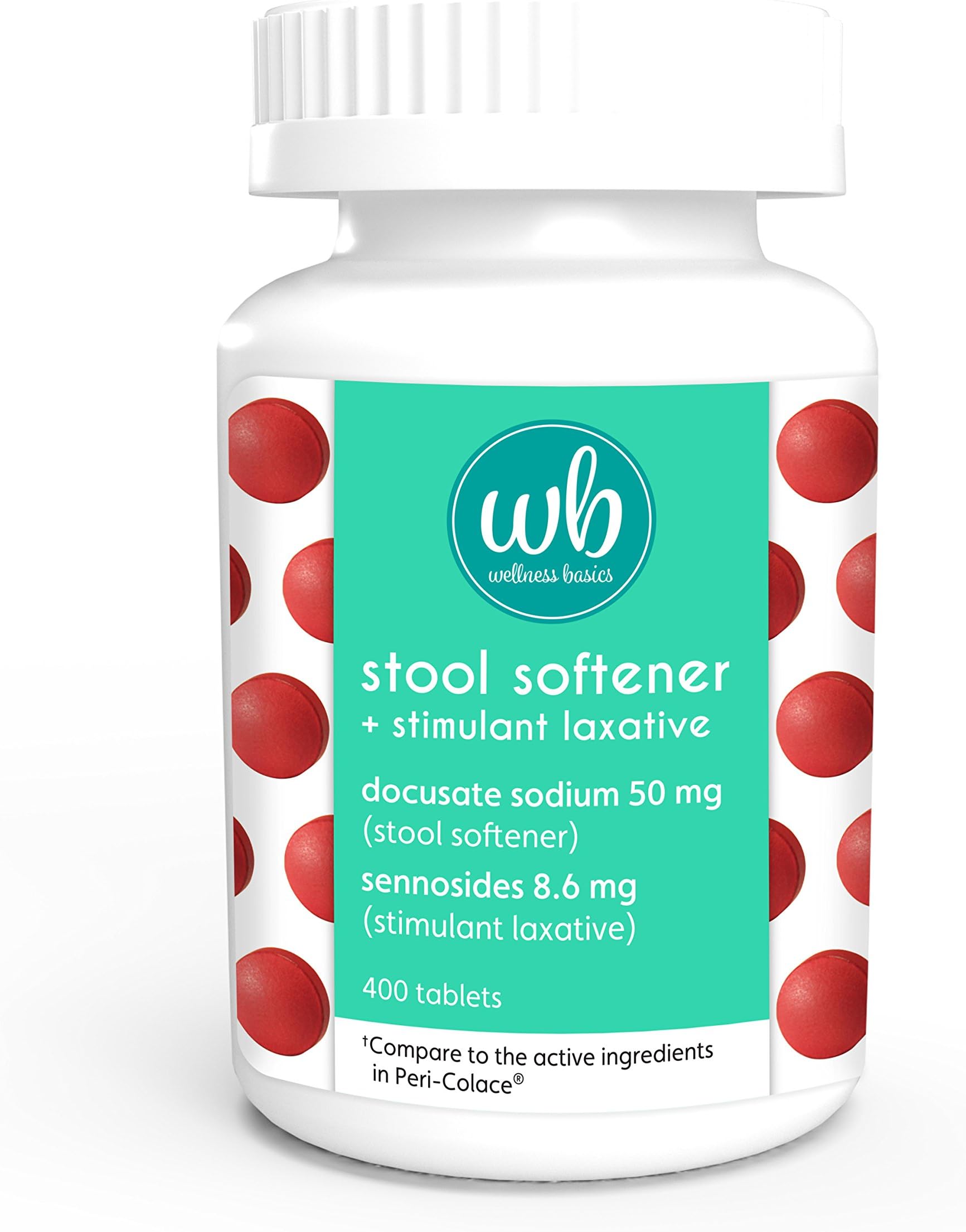Wellness Basics Stool Softener with Laxative Docusate Sodium 50mg Sennosides 8.6mg Tablet, 400 Count