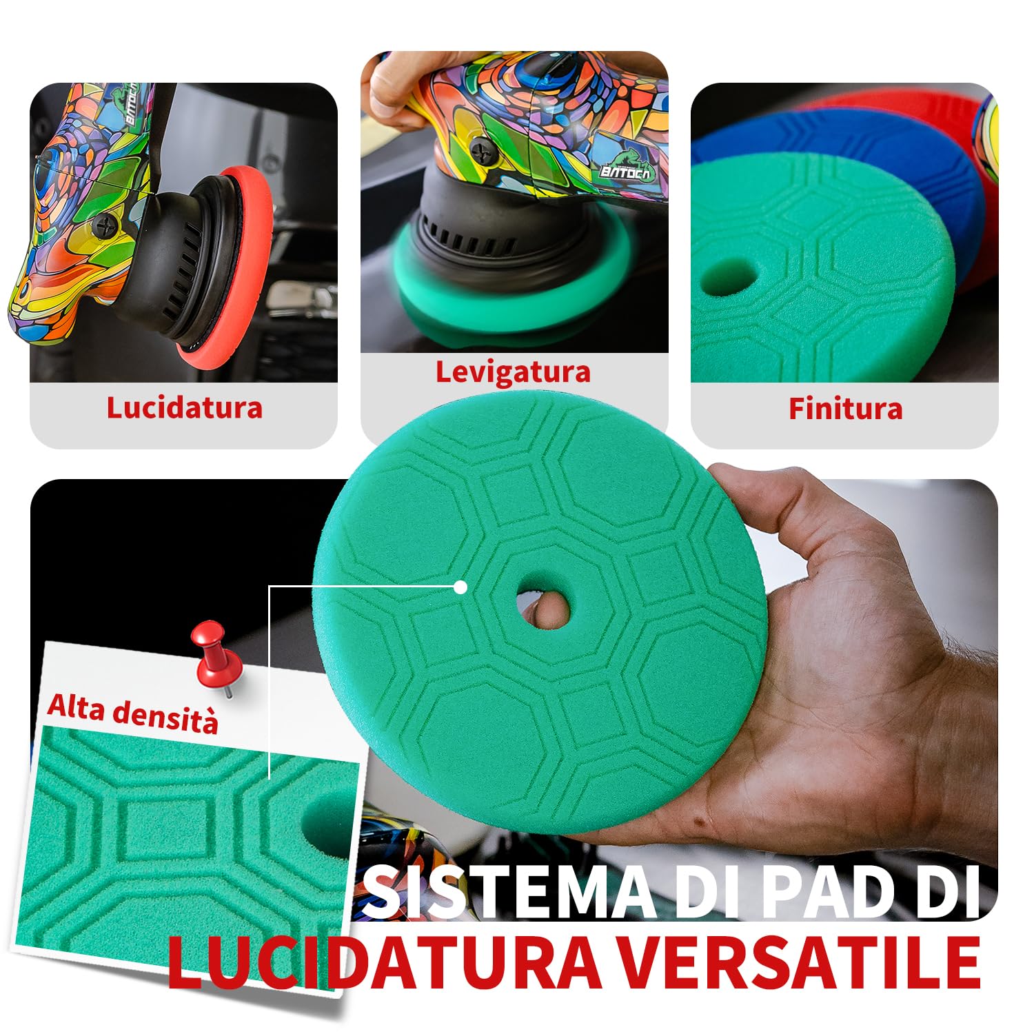 BATOCA P1 Lucidatrice per Auto Rotorbitale 1000W - Lucidatrice Eccentrica DA 125mm, Orbita 15mm, 6 Velocità 2500-5500 RPM, Cavo Rimovibile 5m per Lucidatura, Ceratura e Rimozione Graffi Auto e Moto
