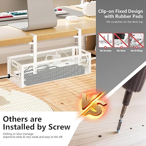 Miniatura 4 de Bandeja blanca para organizar cables debajo del escritorio, organizador de cables sin taladro, bandeja de cables de escritorio ajustable y