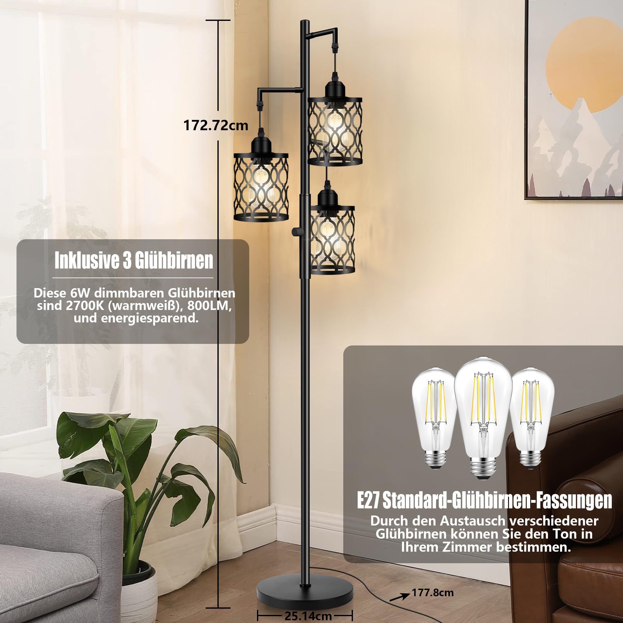 ROTTOGOON Dimmbare 3 flammige Landhaus Standleuchte 172cm Industrielle Stehlampe mit 3x6W LED für Wohnzimmer Schlafzimmer Büro Rustikale Stehleuchte Schwarz