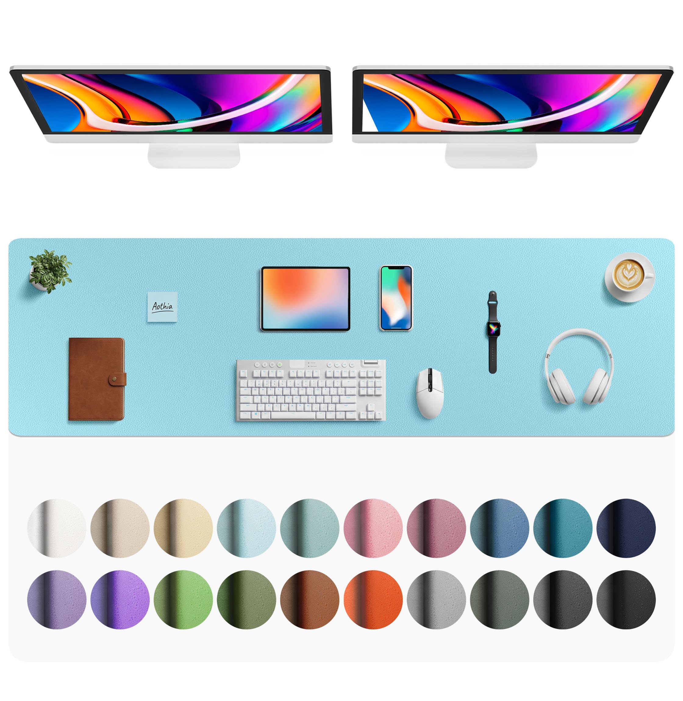 Aothia Faux Leather Desk Mat - Large Mouse Pad, Non-Slip PU Leather Blotter, Waterproof Writing Surface for Office and Home (Blue Topaz, 63" x 17")