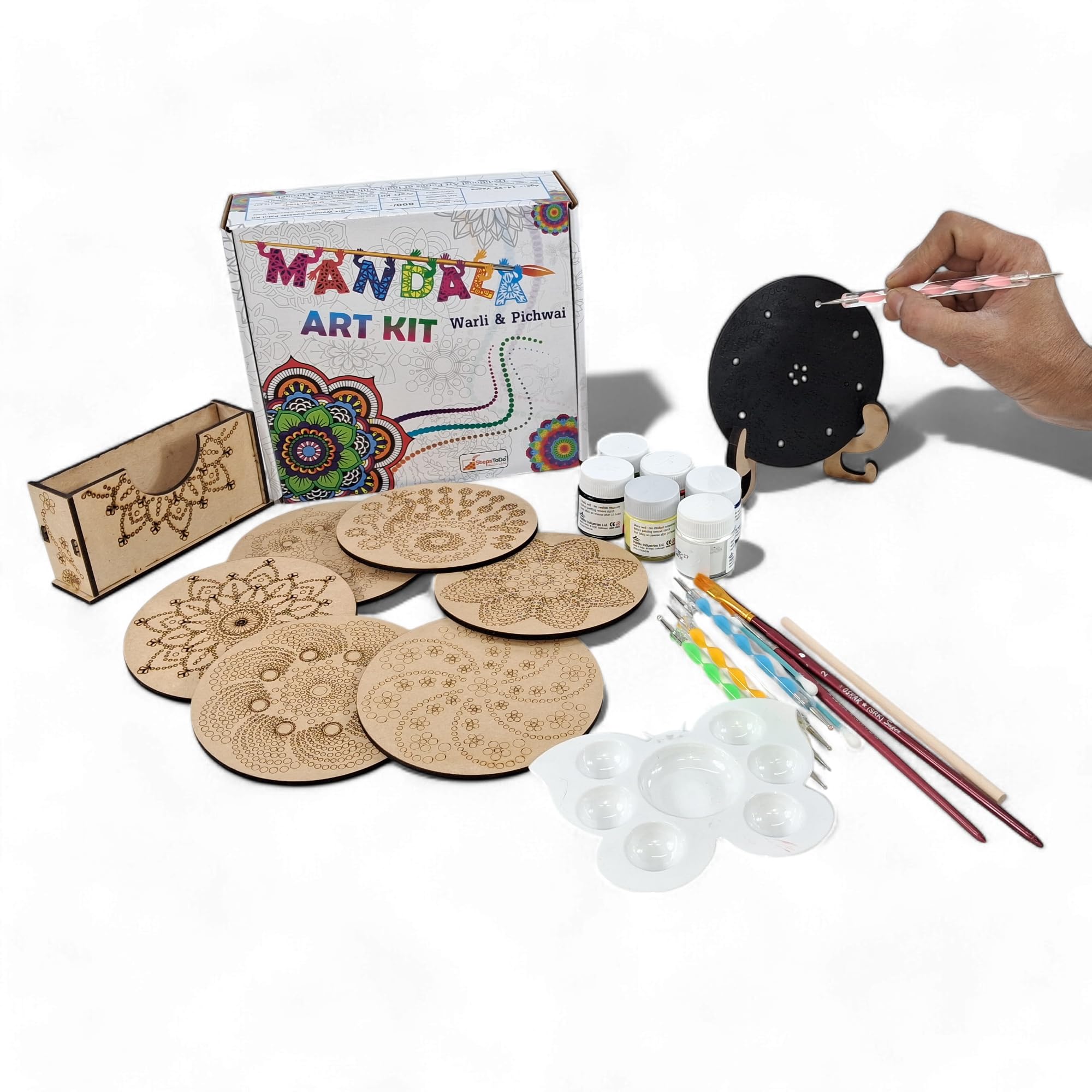 Wooden Dot Mandalas Paint Kit F. Tea Coaster Set. Mandal Art. Set of 6 of Wooden Circular Base of 4 inch. with Wooden Case. Dot Tools, Acrylic Colours, Brush and Paiting Dish