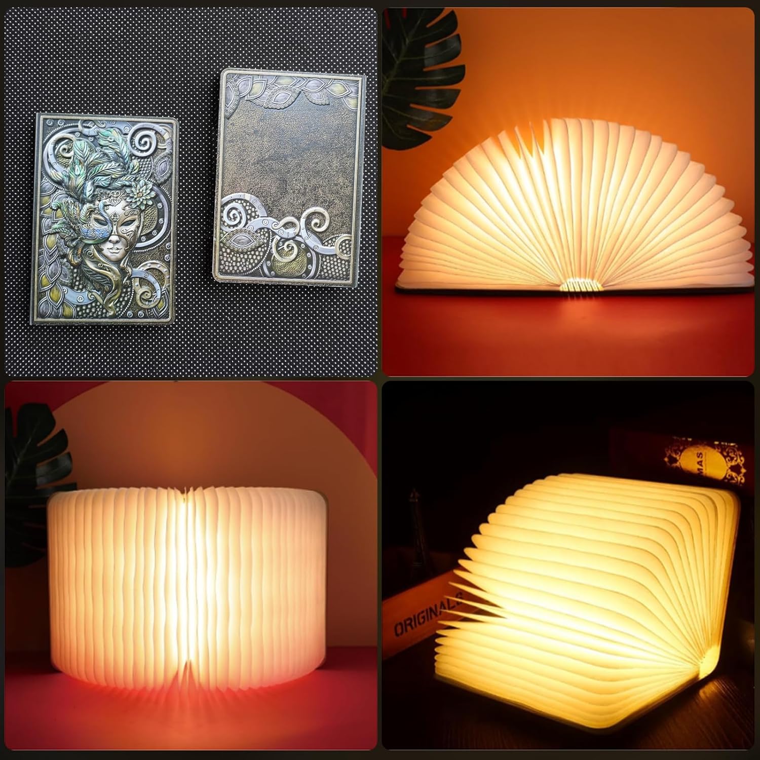 Rechargeable Book Light - 3 Colors Mood Lighting, 3D Leather Cover, USB Portable Desk Lamp, Night Reading Light, Elegant Book Decor & Gift for Book Lovers