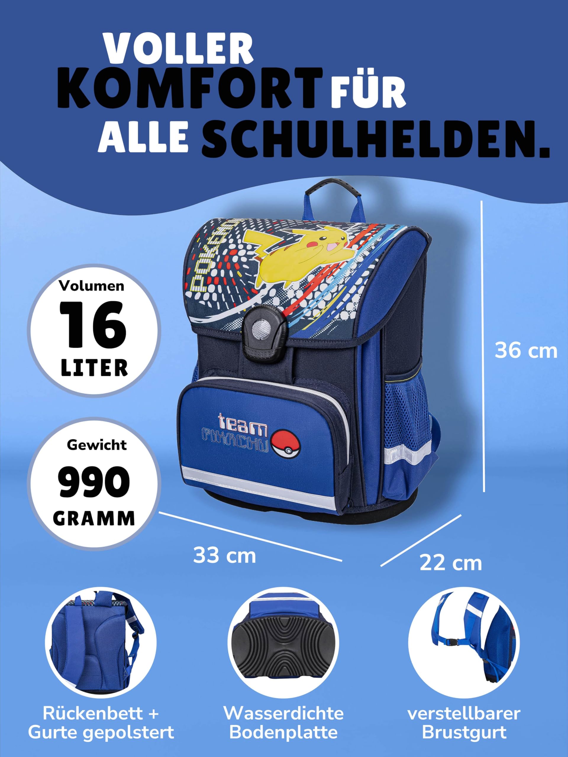 Familando - Schulranzen Set 6-teilig mit Sporttasche - Pokémon mit Pikachu Motiv - Ergonomisch, stabil & mit gepolstertem Rücken - 990g leicht, 16L Volumen - Mit Reflektoren - ab 1. Klasse