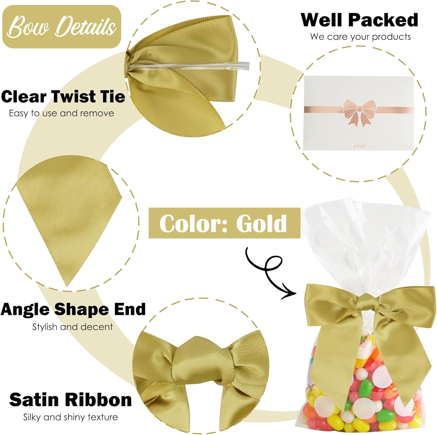 AIMUDI Satin Twist Tie Bows for Treat Bags 4.5" Pre-Tied Gold Bows with Twist Ties Gold Ribbon Bows for Crafts Premade Bows for Gift Wrap Christmas Tree Wedding Decor Party Favors Goodies - 36 PCs - Image 3