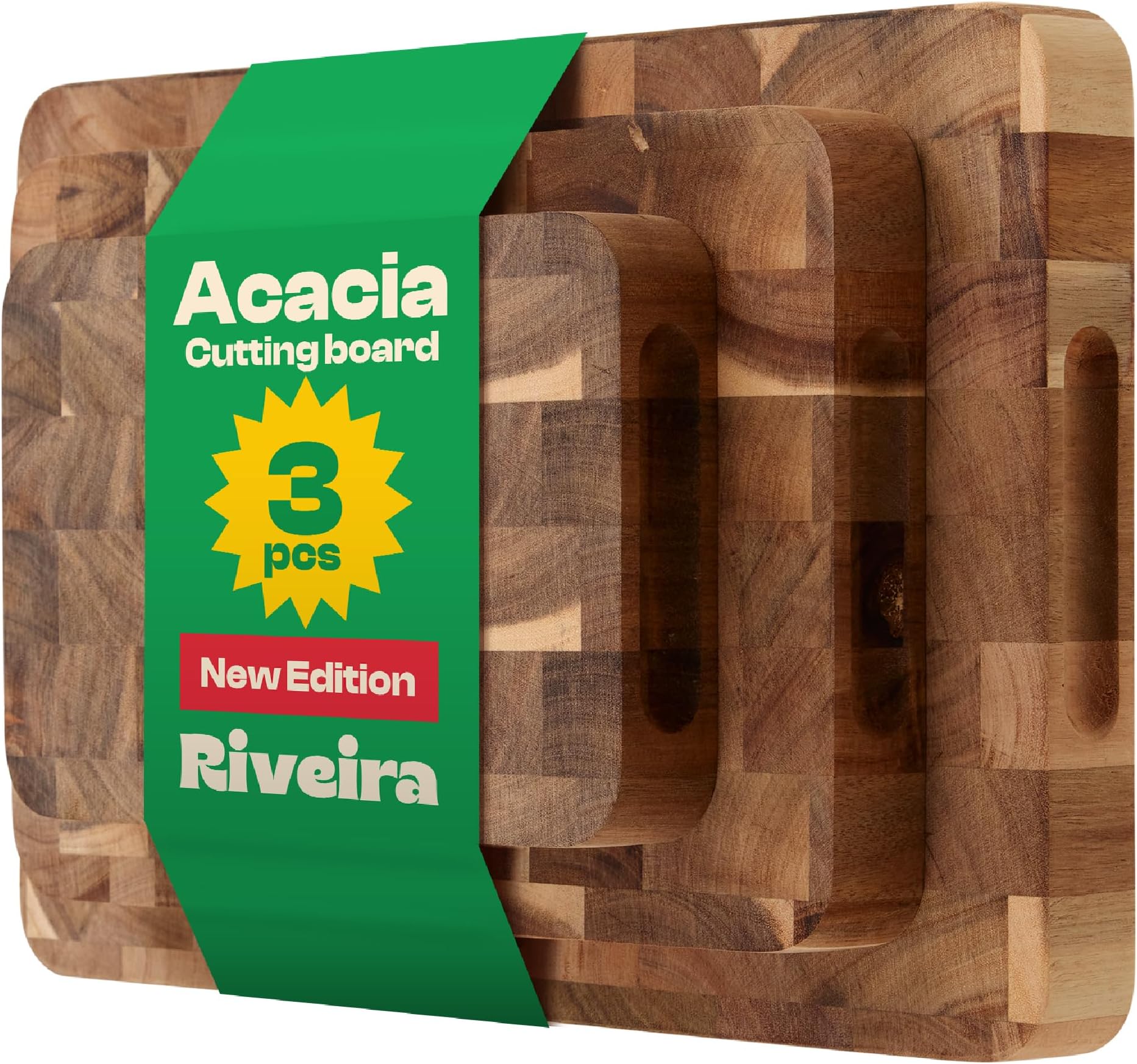 Riveira Acacia Wood Cutting Board – Versatile and Durable: Set Of 3 Pcs Rectangular Wooden Cutting Board – Natural Wooden Cutting Boards For Kitchen – Complete Acacia Wooden Chopping Board
