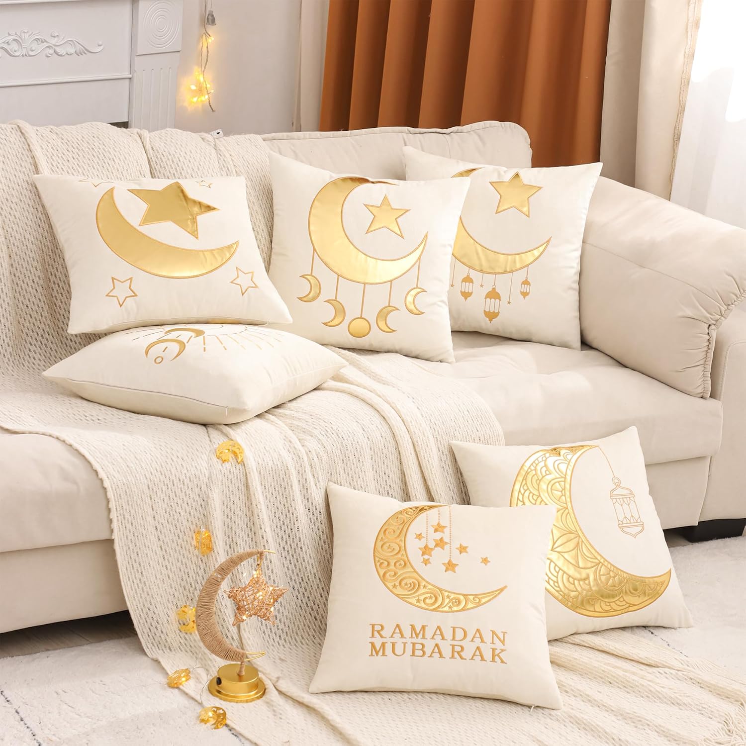 Ramadan Pillow Covers 18x18 inch Set of 2 Beige and Gold Velvet Throw Pillow Covers Ramadan Eid Mubarak Cushion Covers Moon and Star Decorations for Home Couch Sofa Outdoor