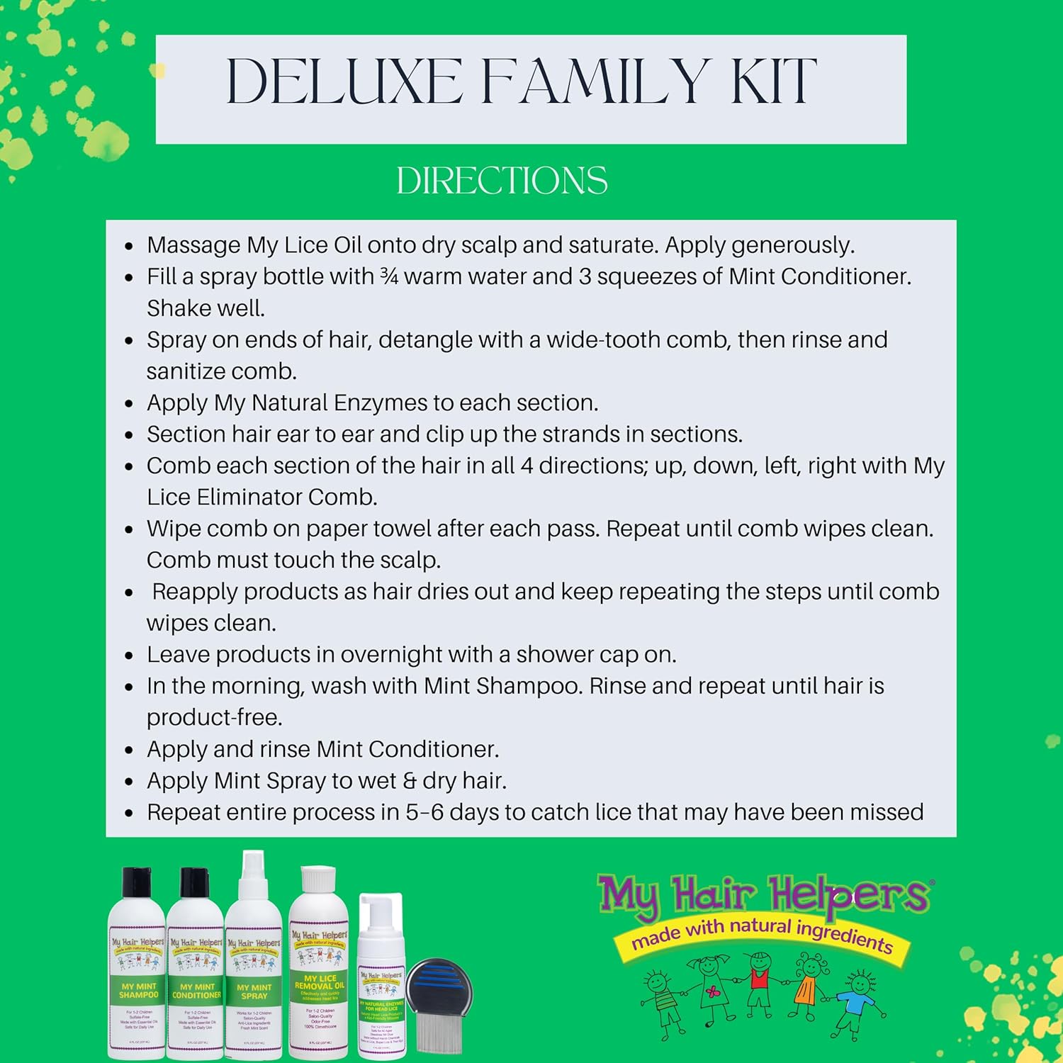 My Hair Helpers Deluxe Family-Size Head Louse Treatment Kit Includes Nit Comb, Mousse, Mint Lice Prevention Shampoo and Conditioner, Spray, and Dimethicone Oil, Works on 2-4 Kids