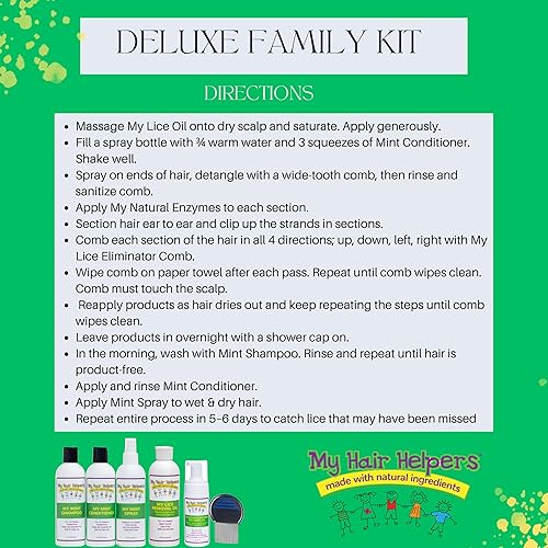 Miniatura 5 de My Hair Helpers Deluxe - Kit de tratamiento para piojos de cabeza de tamaño familiar, incluye peine de liendre, mousse, champú y acondicionador para