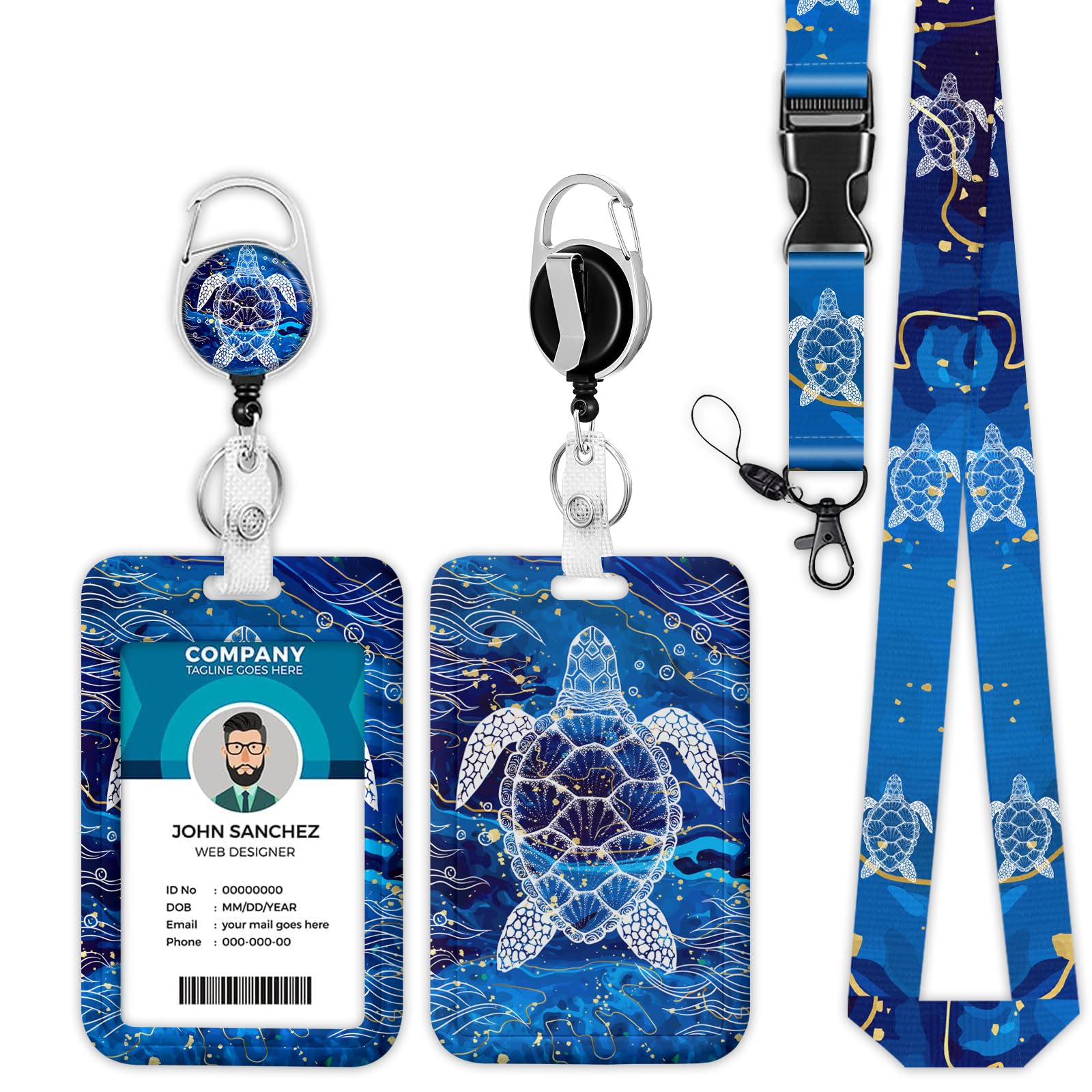 PUIBUN Sea Turtle Lanyards for ID Badges, Blue Marble ID Badge Holder with Lanyard Retractable Badge Holder/Reel Lanyard Teacher, Kids