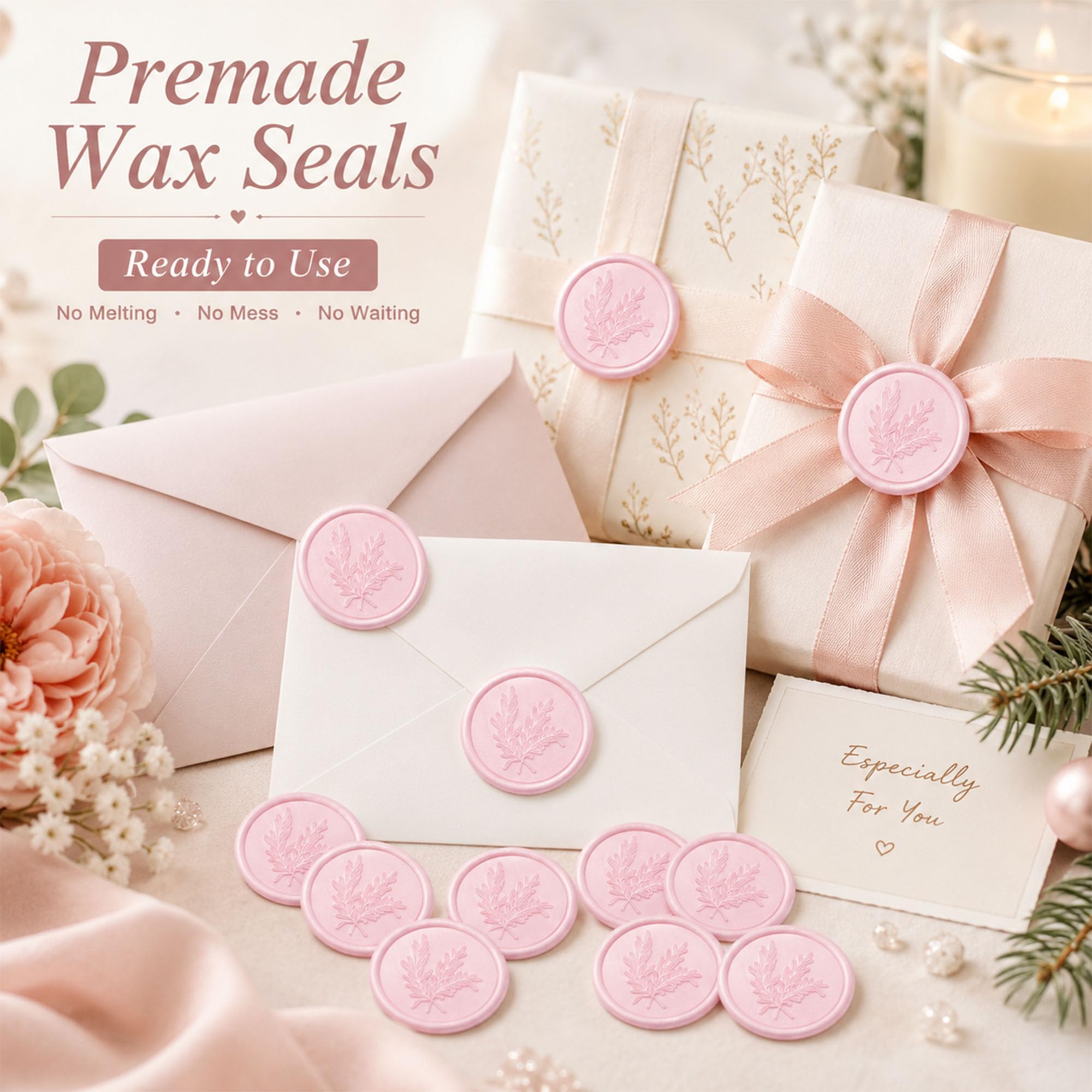 Adesivi per sigilli in cera, 50 pezzi, rosa perlato, rosmarino, adesivi per sigillare buste preconfezionate, sigilli di cera per inviti di nozze, buste con lettere, confezioni regalo di Natale