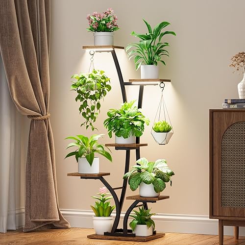 Soporte de plantas MOSTWOGO con luz de crecimiento para plantas de interior, estante de plantas de metal de 6 niveles, estante de plantas de