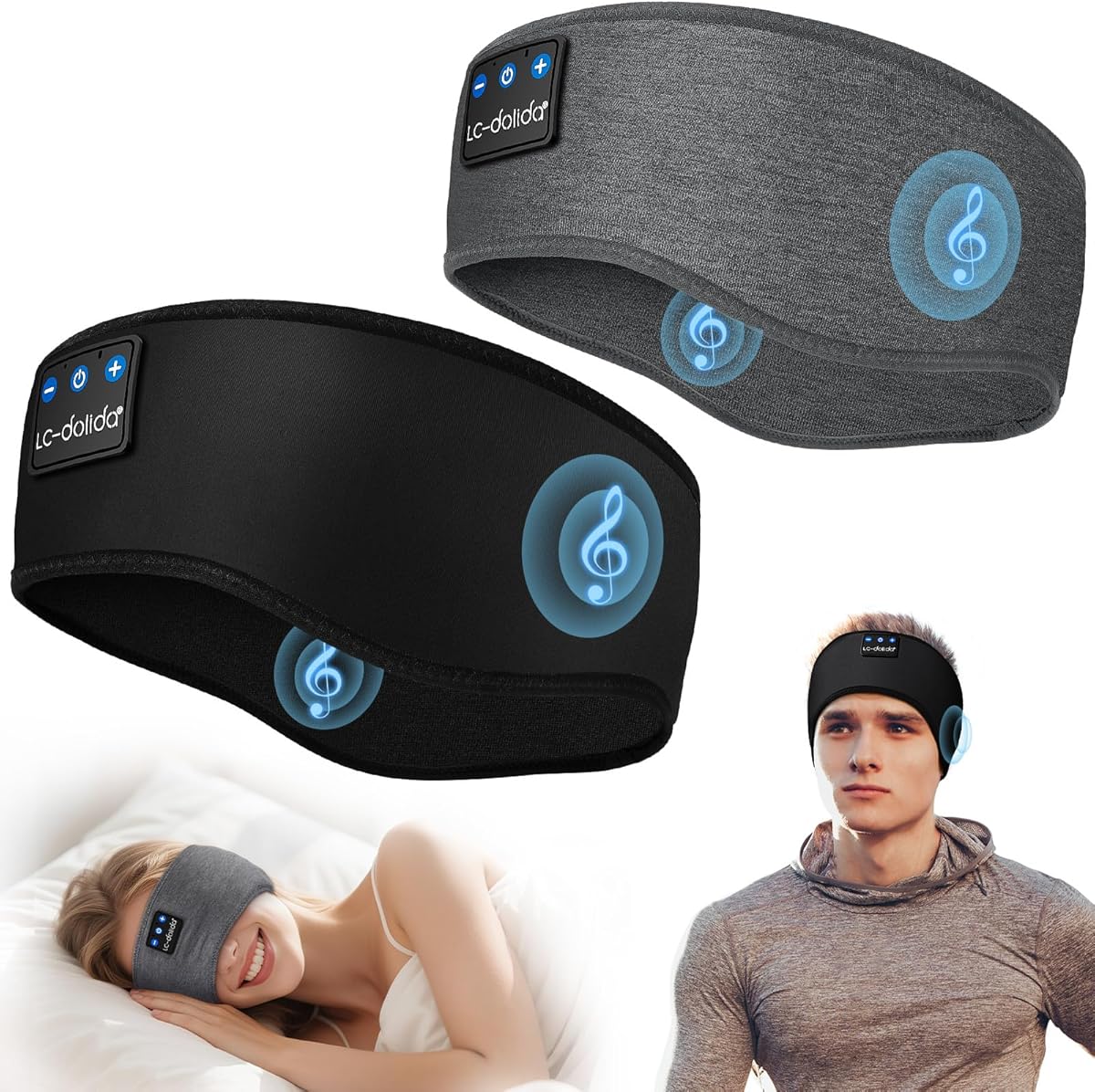 LC-dolida 2-Pack Sleep Headphones Bluetooth 5.4, Sports Bluetooth Headband Headphones Wireless with Ultra-Thin HD Stereo Speaker for Sleeping Gift Workout Yoga Travel Meditation