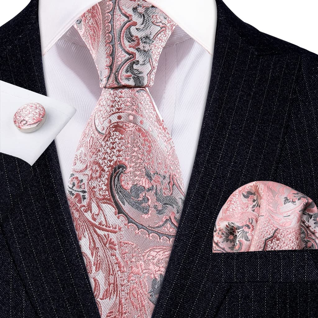 RWRAPS Rosa Seide Blumen Herren Krawatte Hochzeit Krawatte Taschentuch Manschettenknöpfe Set Business Bräutigam (Farbe: A, Größe: Einheitsgröße) (A Einheitsgröße)