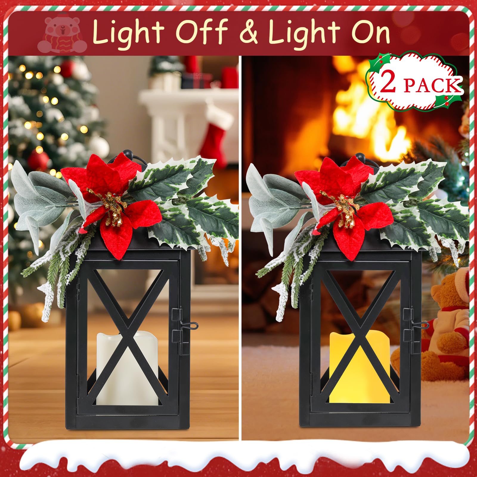 Faroles de Navidad decorativos para interiores, paquete de 2 faroles de Navidad para exteriores, faroles decorativos de vela de 12 pulgadas, luz sin llama con flores y vegetación para centros de mesa