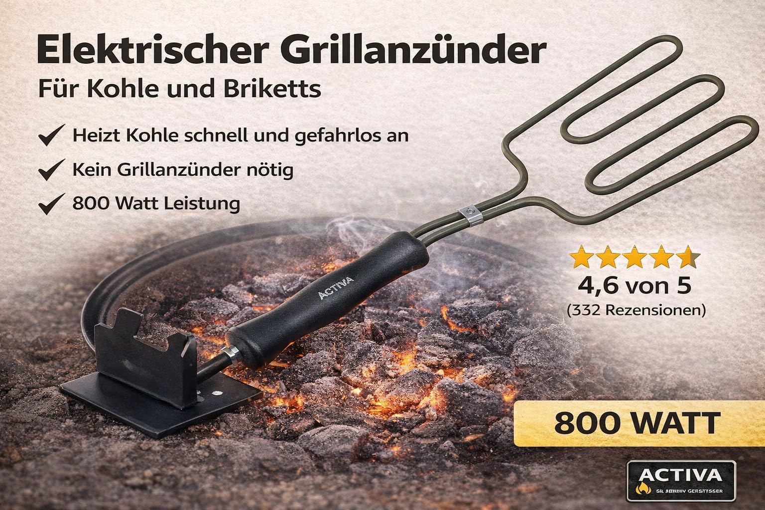 ACTIVA Elektrischer Grillanzünder Grillstarter für Kohle und Briketts, 800 Watt Schneller Grillanzünder für Holzkohle, sicherer elektrischer Grillstarter