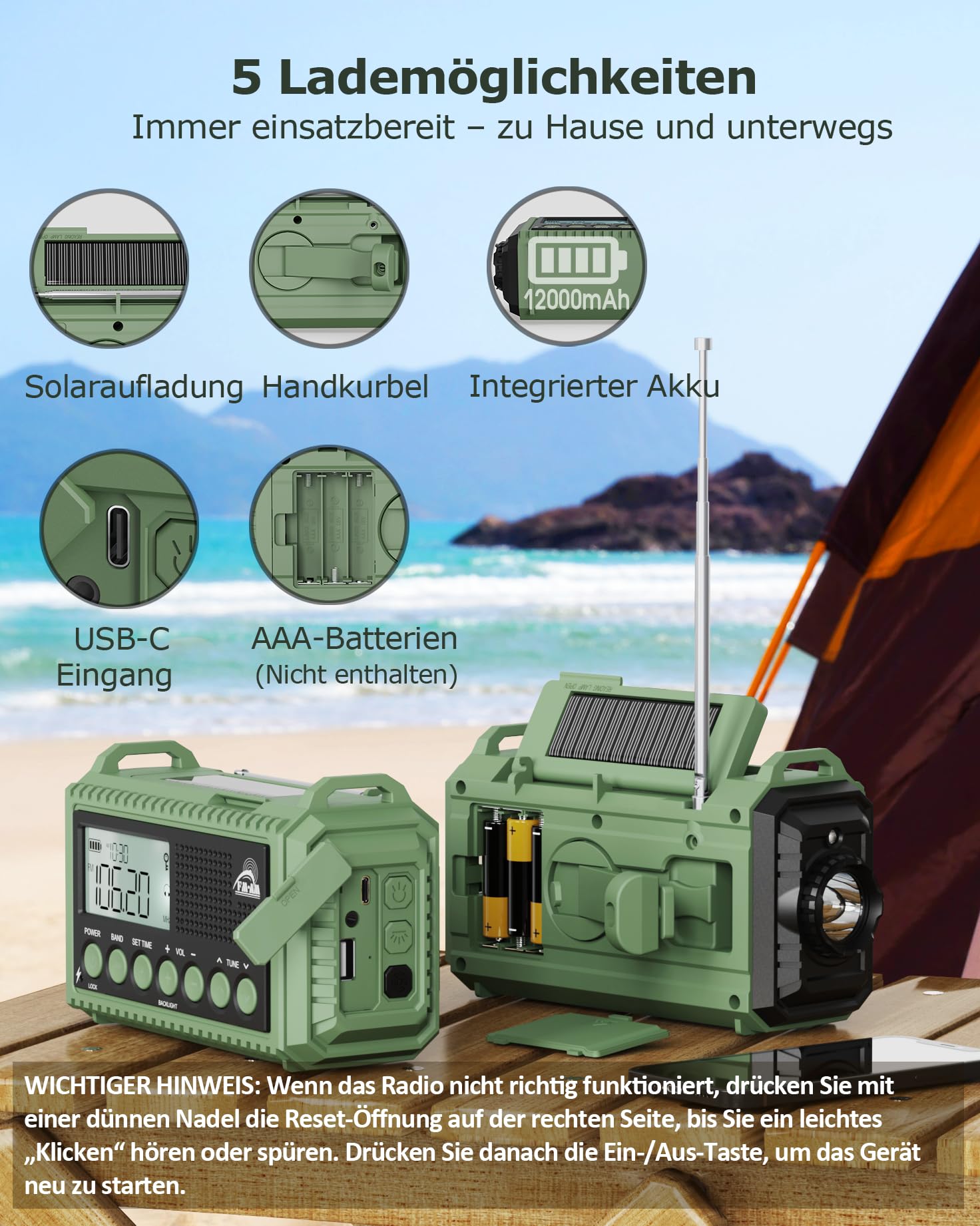 Roxicosly Radio d'urgence à manivelle AM/FM/SW - Radio solaire portable avec batterie de 12000 mAh - Écran LCD - Lampe de poche et lampe de lecture - USB - Alarme SOS, manivelle - Équipement d'urgence