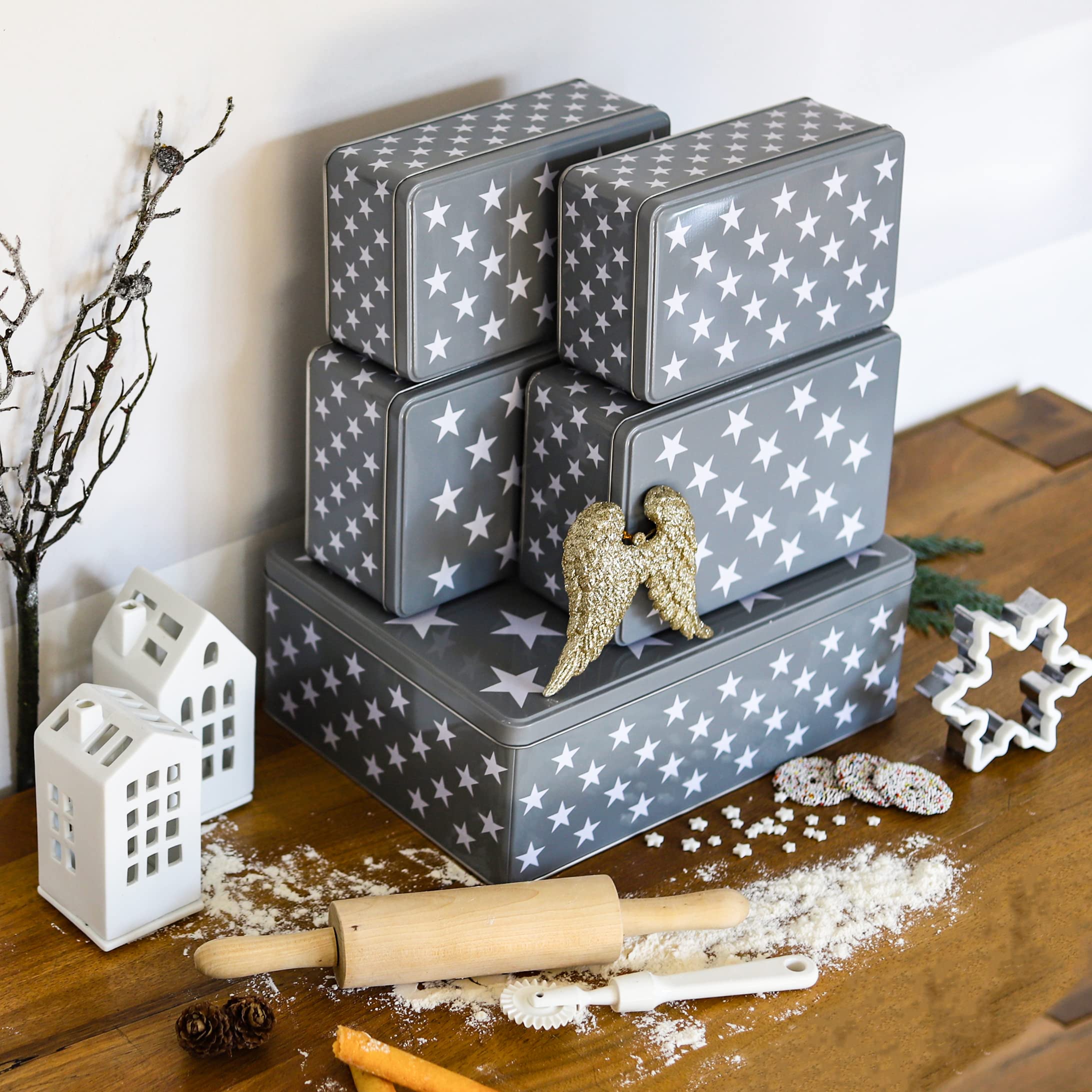 Brandsseller Set di 5 barattoli per biscotti in metallo – Barattoli natalizi con coperchio, contenitori alimentari per biscotti, dolci e pasticcini – Design grigio con stelle
