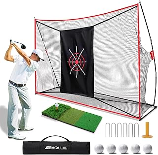 BAGAIL Golf Net, 10 x 7 ft Heavy Duty Practice Net and Tri-Turf Mat, Portable Net with Carry Bag, Golf Training Aid Hitting Driving Chipping Nets for Backyard Outdoor Indoor - G9 Pro