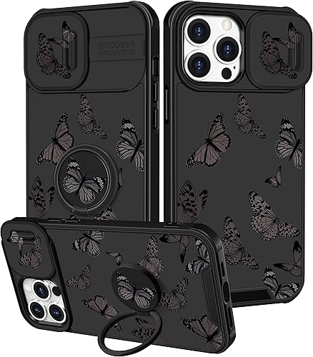 Funda 2 en 1 para iPhone 15 Pro con diseño de mariposa para mujeres y niñas, bonita funda kawaii para adolescentes, diseño estético negro con funda
