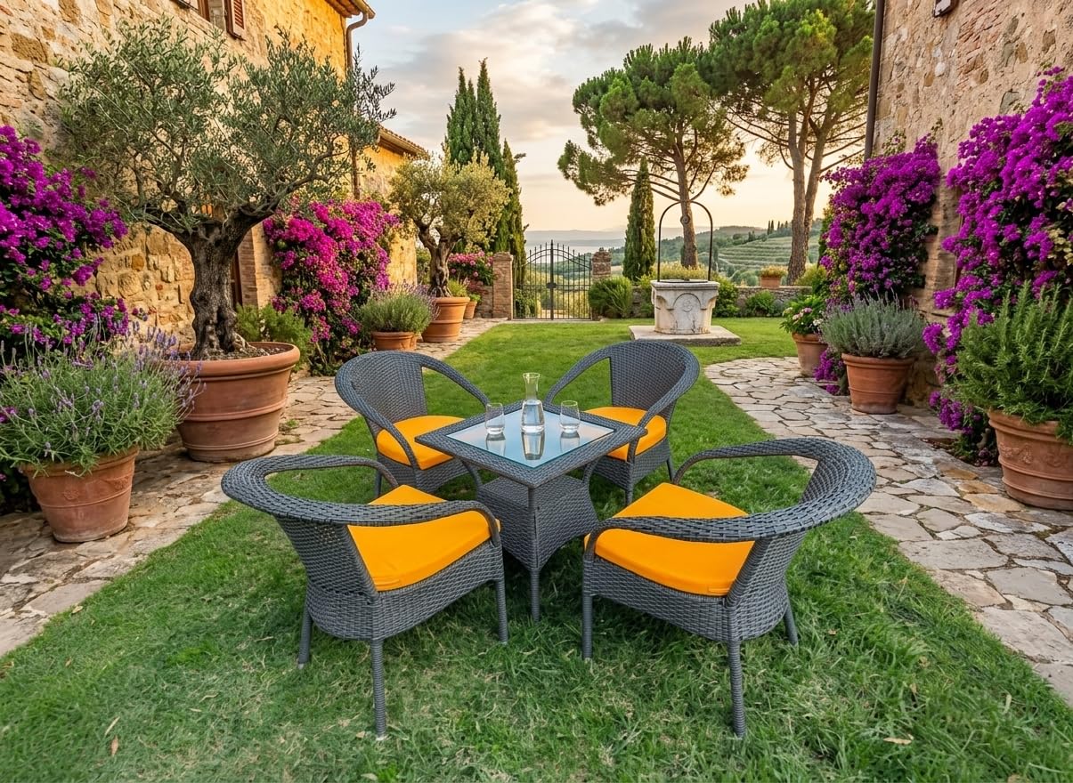 5-Piece Outdoor Rattan Wicker Patio Bistro Set with Glass Top Table | All-Weather Patio Furniture Set for Garden, Balcony, Backyard, Porch & Outdoor Seating (Black Str Yellow Cushion)-image-20