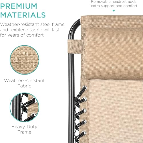 Miniatura 7 de Best Choice Products Juego de 2 sillas reclinables ajustables de malla de acero con gravedad cero con almohadas y bandejas portavasos, color arena