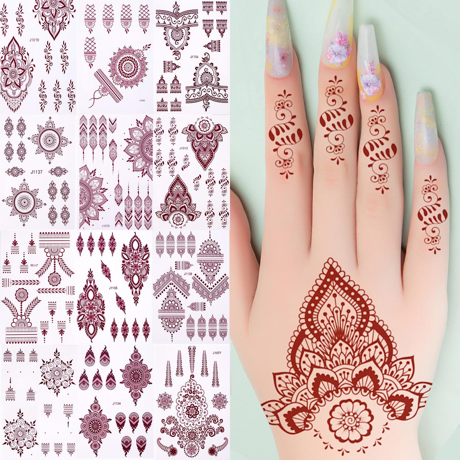 12 Sheets Henna Tattoo Kit Temporary Tattoo Adul Stickers Lace Pattern Fake Tattoos Henna Sticker for Women Girls DIY on Body Face Arms Legs (Red 12PCS)
