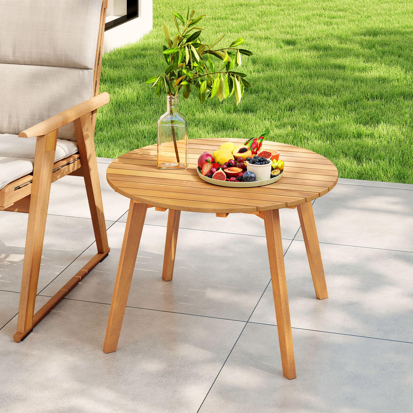 GOPLUS Table Basse Exterieur 62x40cm, Petite Table de Jardin en Bois d'Acacia avec Plateau Rond à Lattes&4 Pieds Fiables, Montage Facile, Meuble de Bistrot pour Terrasse Balcon Piscine, Charge 75kg