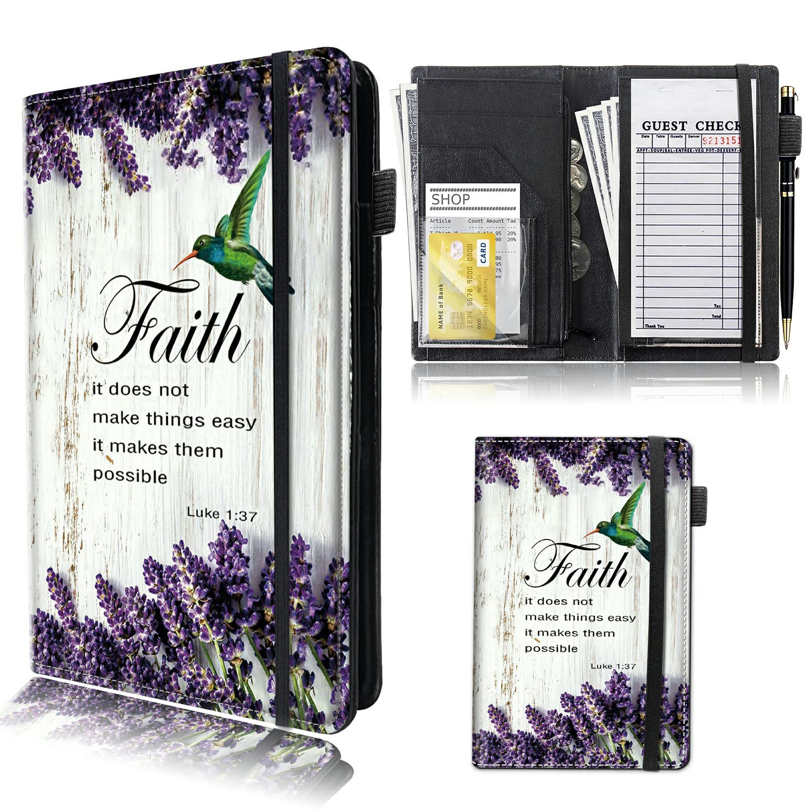 Rossy Server Books for Waitress & Waiter 9 x 5 Inch Wallet with Zipper Pocket Purple Lavender Luke 1-37 Design Booklet Cute Waitress Book Serving Book