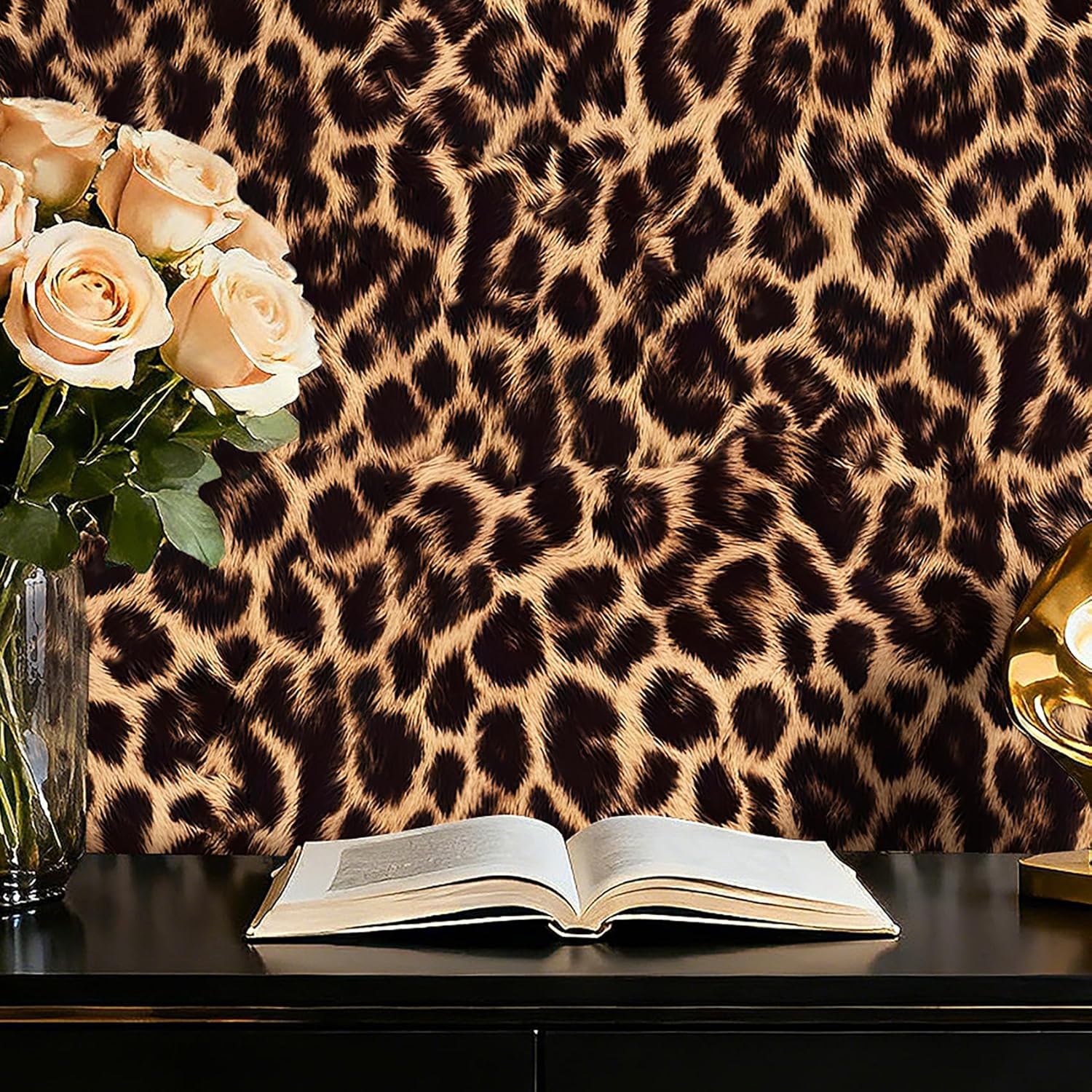 17.5x393 Leopard Wallpaper Stick and Peel Dark Brown Black Fuzzy Cheetah Print Wall Paper for Bedroom Dresser Bathroom Maximalist Animal Fur Wallpaper Removable Contact Paper for Furniture