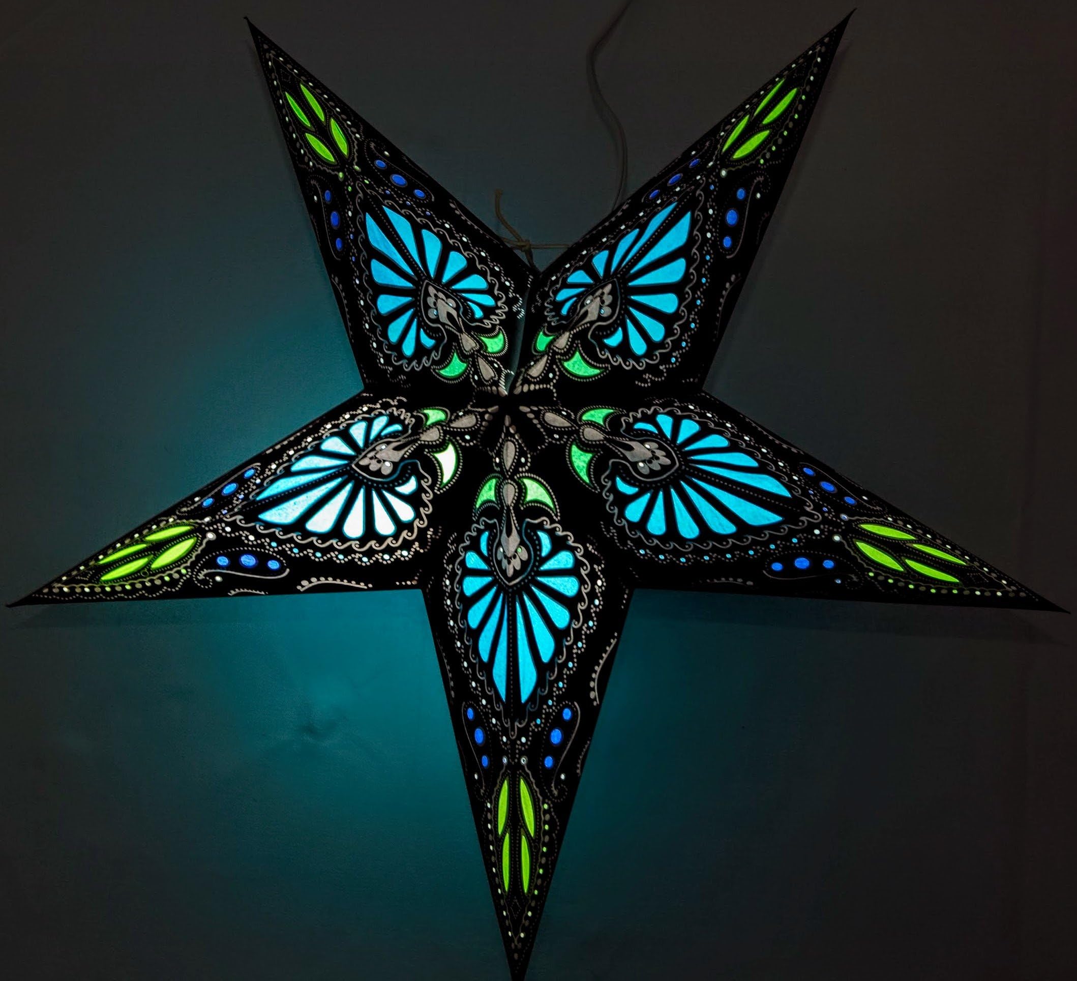 Hummingbird Paper Star Lantern (Firoza Blue on Black) by UMTA