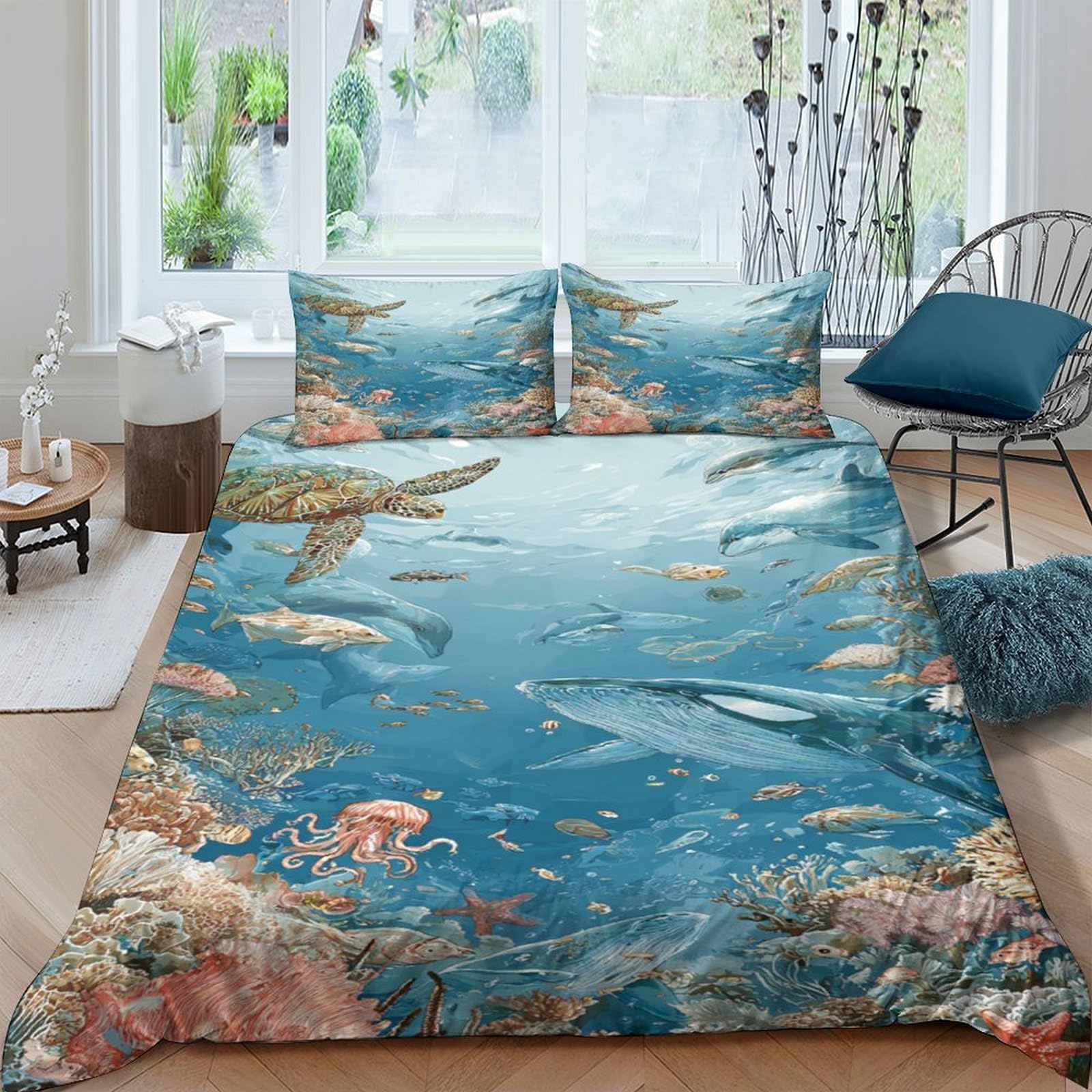 Ctjqhvkz Style-7 3D Printed Ocean Underwater World Fitted Sheet Microfiber Soft Blue Coral Reef Bed Cover For Bedroom Decor Single（135X200cm）