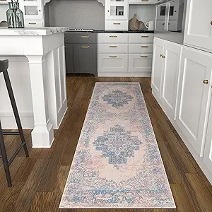 vivorug Runner Rug 2'x7' Machine Washable Non-Slip Runners for Hallways Kitchen Entryway Laundry Room Vintage-Inspired Carpet Hallway Runner Pink