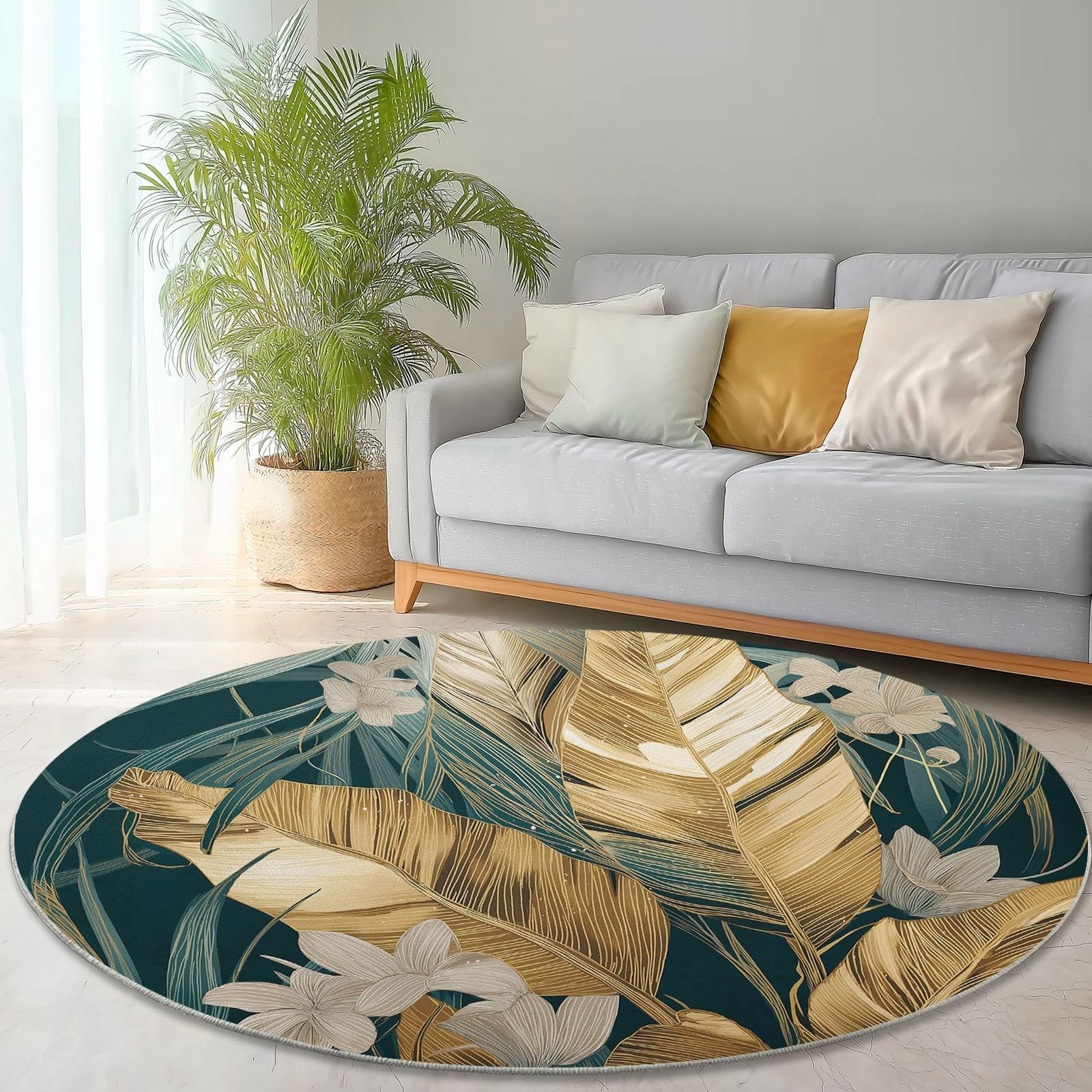 Générique Tapis Rond 160 cm Motif Feuilles de Bananier Dorées sur Fond Vert Foncé, Tropical Chic, Poil Court Antidérapant, Lavable, Idéal Salon, Salle à Manger, Chambre, Élégance et Confort