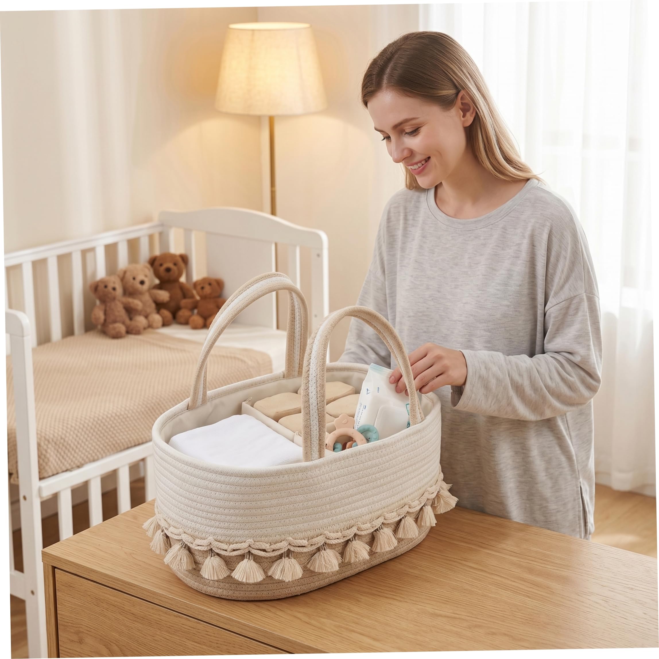 Organisateur de caddie à couches pour bébé avec séparateurs amovibles, panier de chambre d'enfant tissé à la main avec poignées pompons, kaki et blanc, 14, 17 x 8, 66 x 7, 09 pouces, organisateur c