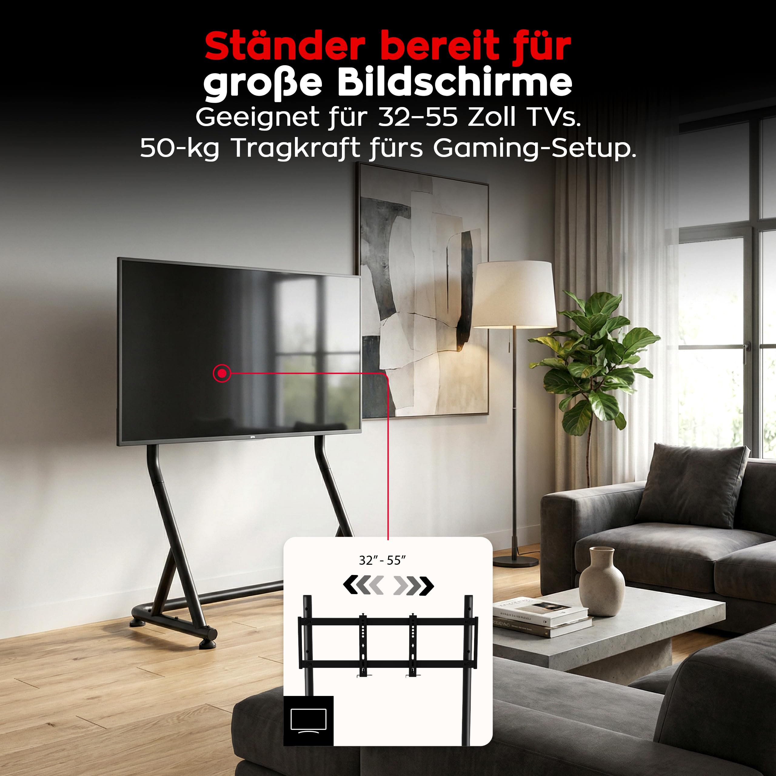 huzaro Speed 9.1 - Simracing Monitor Stand TV Stand Ständer Bodenständer - VESA 75x75, 100x100, 200x100, 200x200, 300x200, 400x200 mm - für 32 bis 55 Zoll - bis zu 50kg - Höhenverstellbar - Schwarz