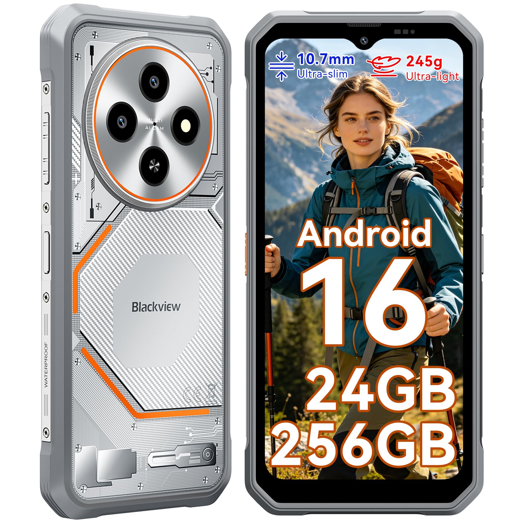 Blackview Rugged Smartphone Android 16, Ultra Sottile 10.7 mm, 24(8+16) GB+256GB/2TB Telefono Indistruttibile, Display 6,56" HD+ 90 Hz, IP69K Impermeabile, 16MP+13MP, Face ID/NFC/OTG/3 Anni Garanzia