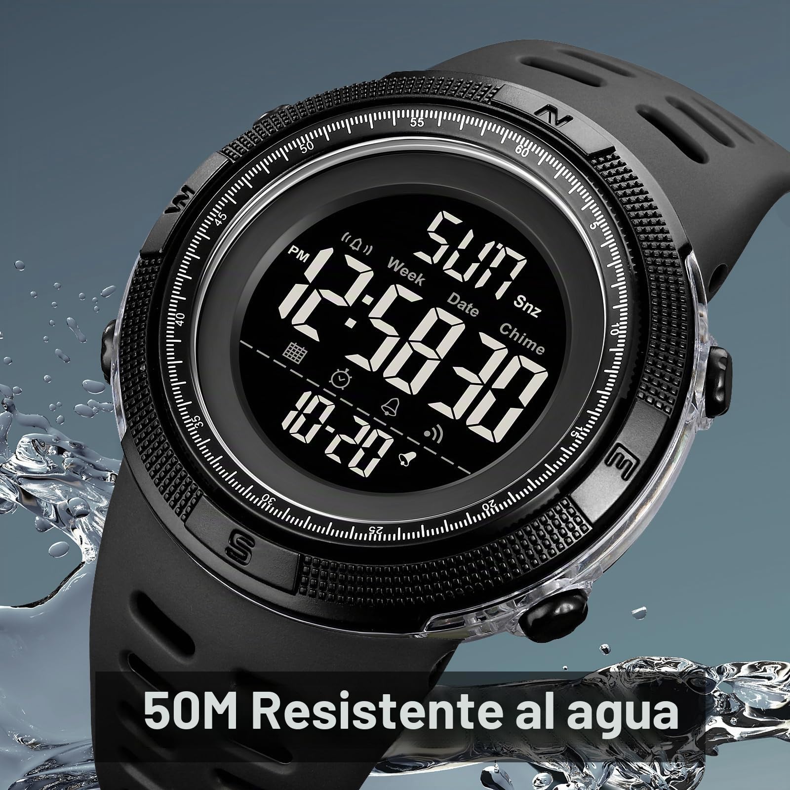 findtime Reloj de pulsera digital para hombre con números grandes, resistente al agua, 50 m, reloj militar, reloj deportivo digital, reloj de camuflaje para hombre, con alarma, fecha de 12/24 horas,