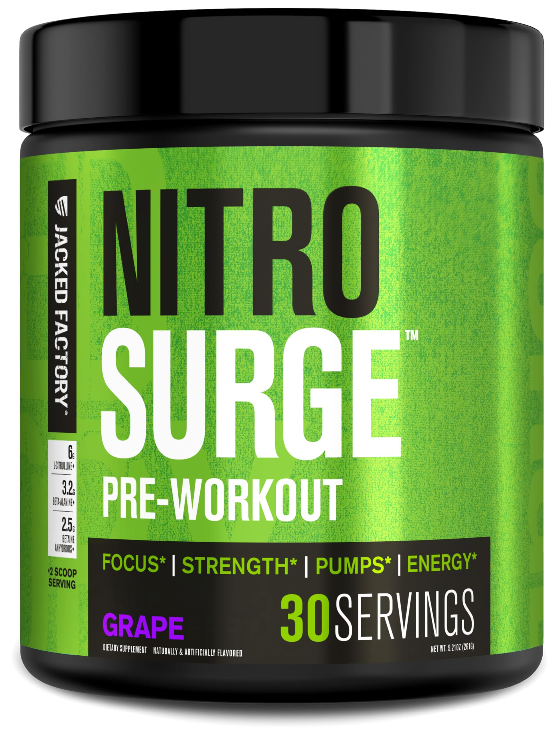 Jacked Factory NITROSURGE Pre Workout Supplement - Endless Energy, Instant Strength Gains, Clear Focus, Intense Pumps - Nitric Oxide Booster & Powerful Preworkout Energy Powder - 30 Servings, Grape