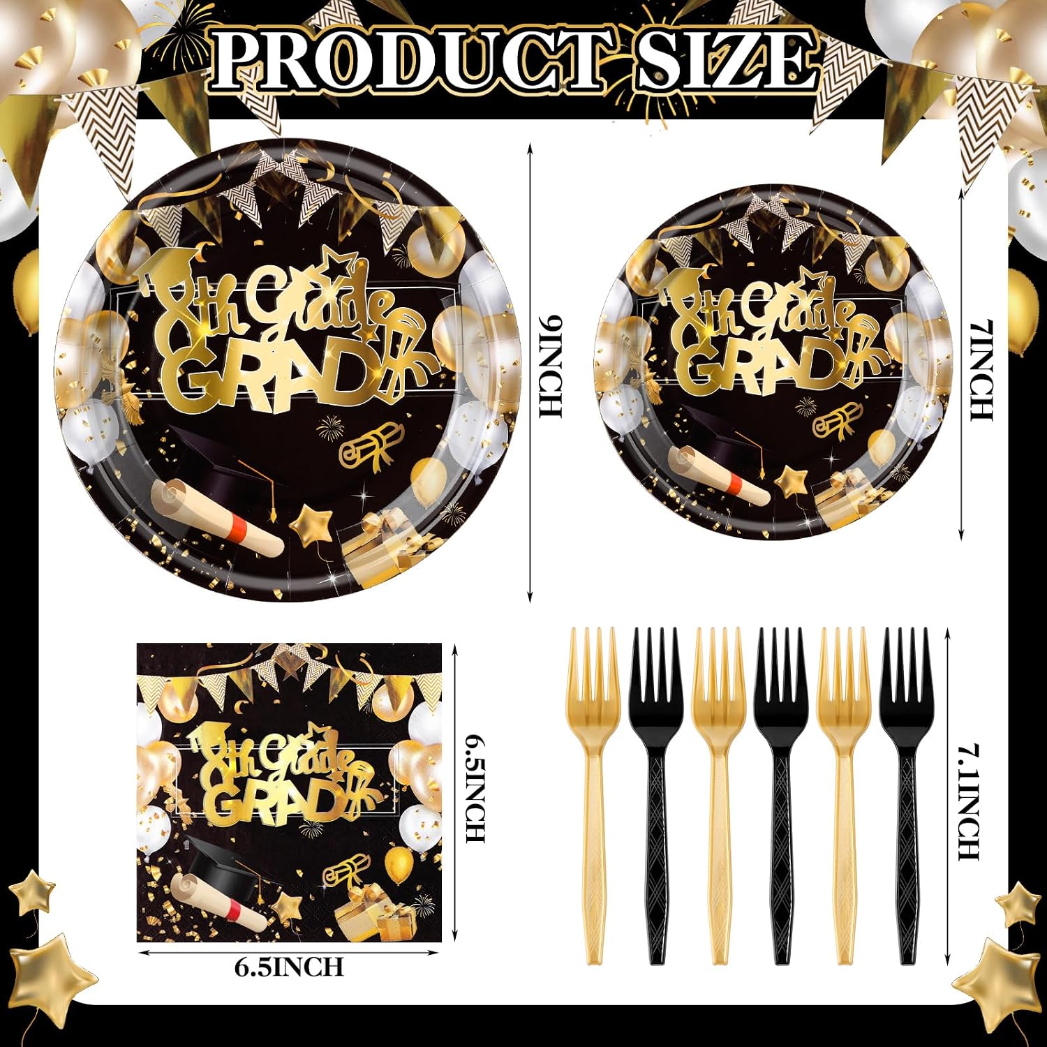 Uiifan 96 Pcs 8th Grade Graduation Party Supplies Black and Gold 8th Grade Decorations Class of 2026 Tableware Includes Plates and Napkins Forks for Middle School Congrats Grad Party Serve 24