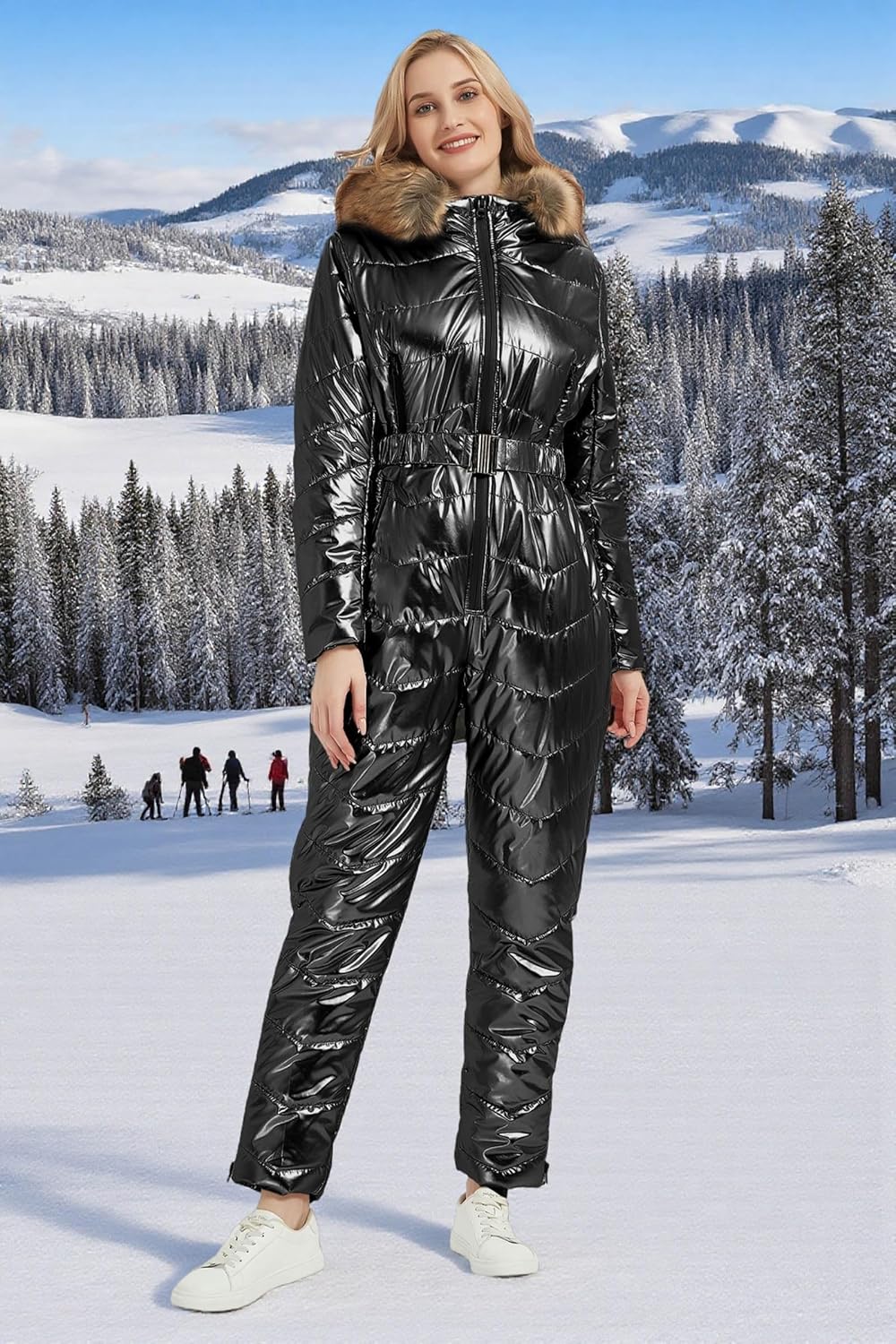 RISISSIDA Women Ski Suit Jumpsuit, Winter Onesies Outdoor Sports Waterproof Snowsuit One Piece with Hood Removable Fur Collar