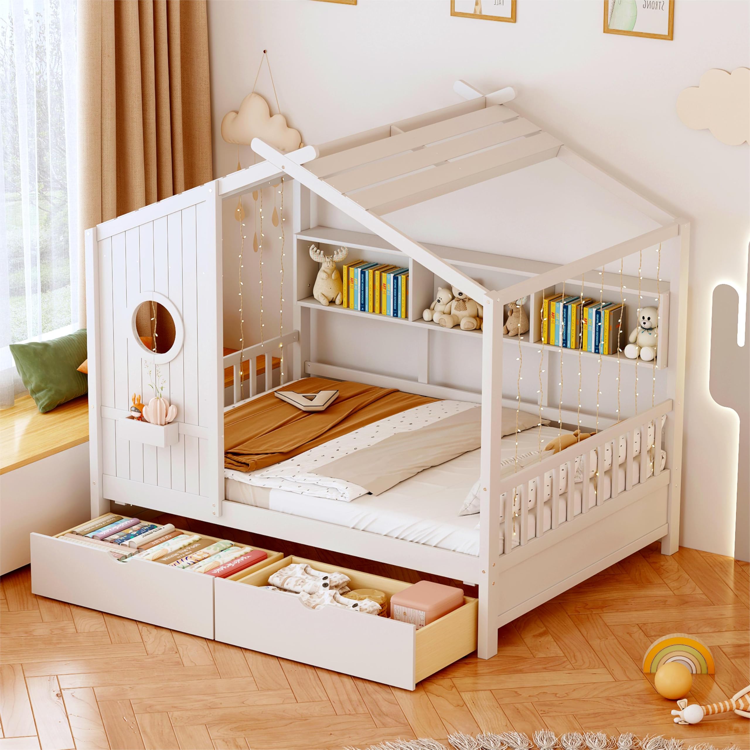 Modern Full Size House Bed with Roof and Window, Wooden Daybed Frame with Shelves and 2 Drawers,Bedroom Furniture for Girls &amp; Boys (White+2 Drawers*)