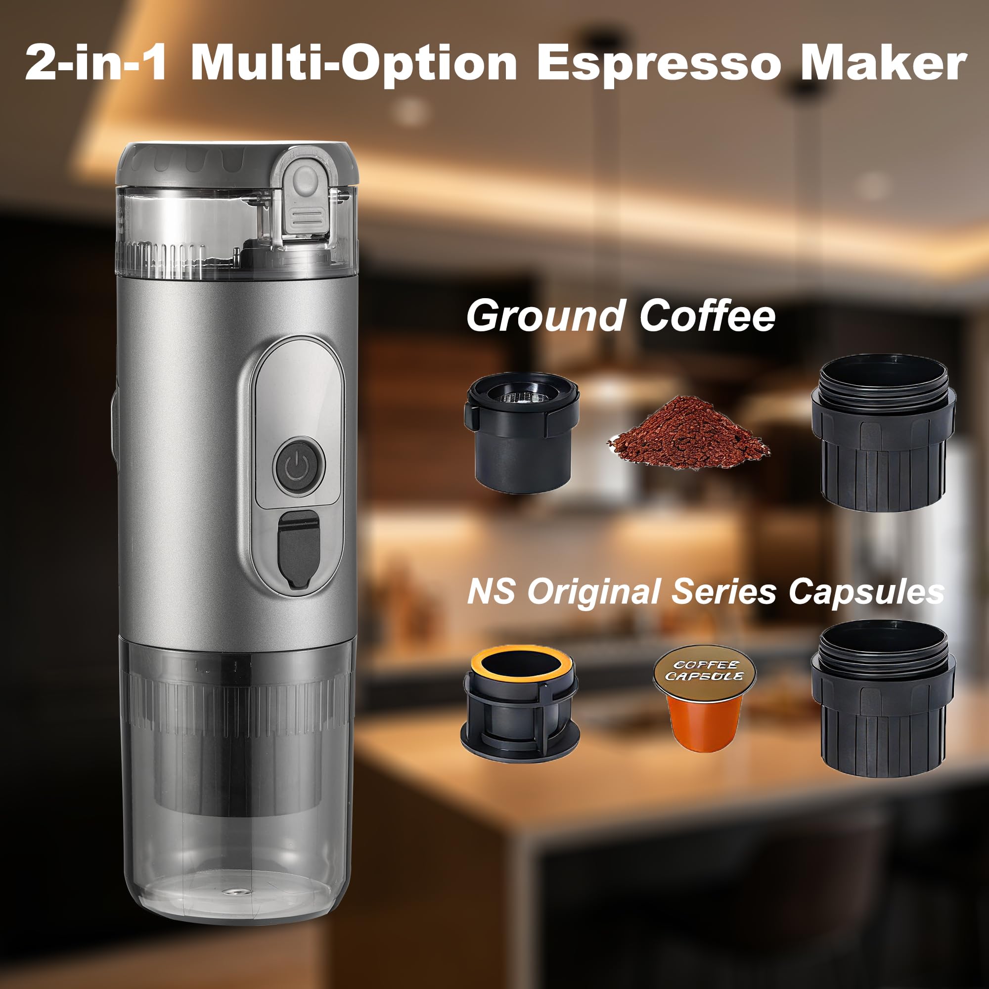 Przenośny elektryczny ekspres do kawy, podróżny ekspres do kawy, 20 bar, mini espresso, samonagrzewający się, kompatybilny z mieloną kawą i kapsułką NS, na kemping, do kampera, wędrówek