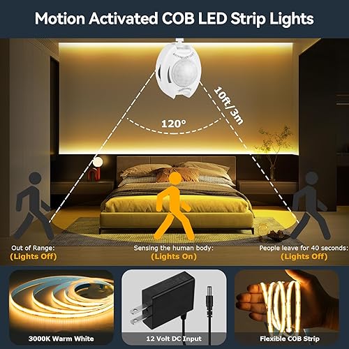 Miniatura 2 de HOUHUI Tira de luces LED COB con sensor de movimiento para debajo de la cama, 2 tiras de luz LED blanca cálida activada por movimiento para mesita