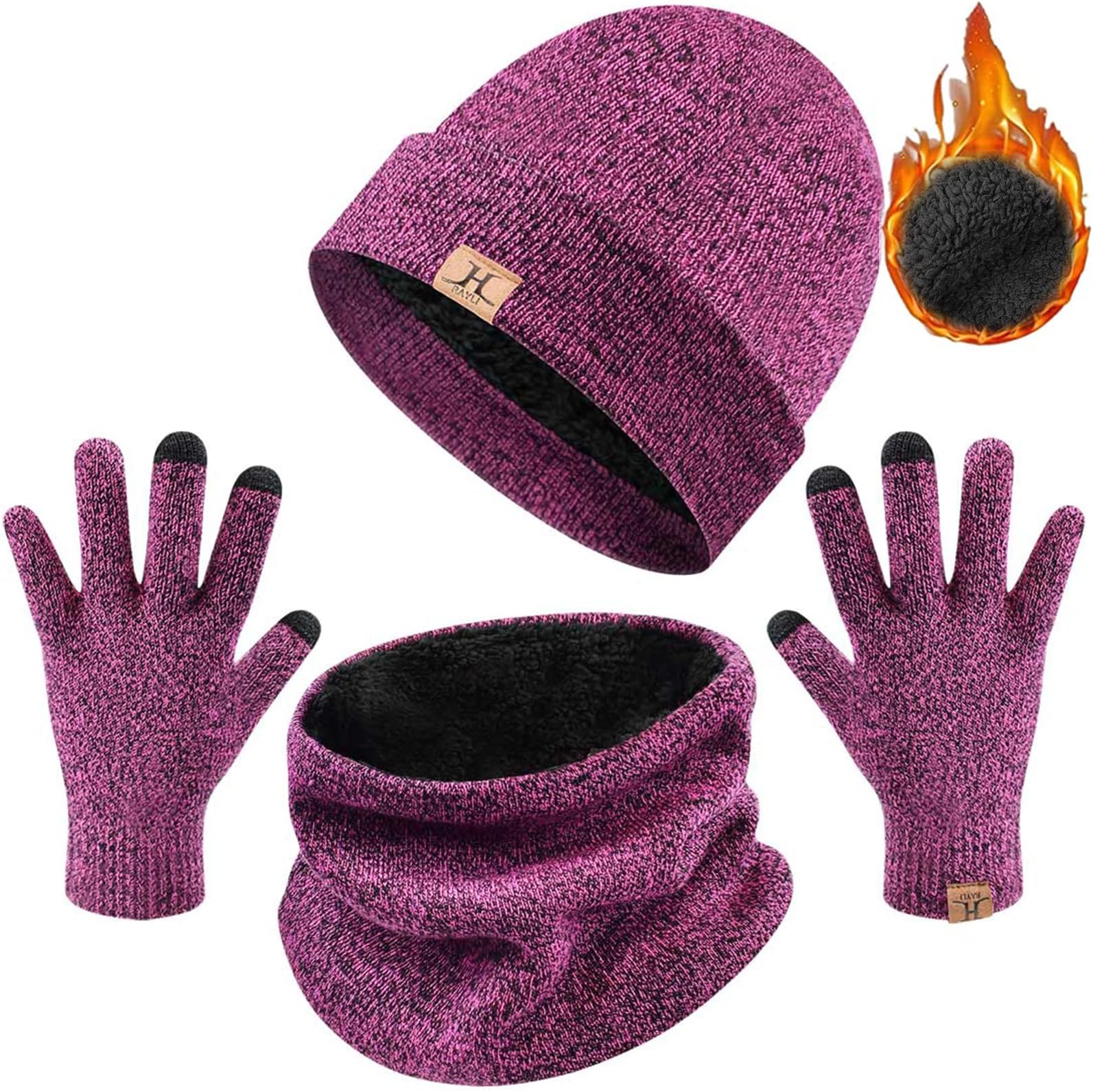 Hat Scarf and Glove Set Unisex Winter Warm Thermal Knitted Beanie Hat Neck Warmer and Touchscreen Gloves Gift Set