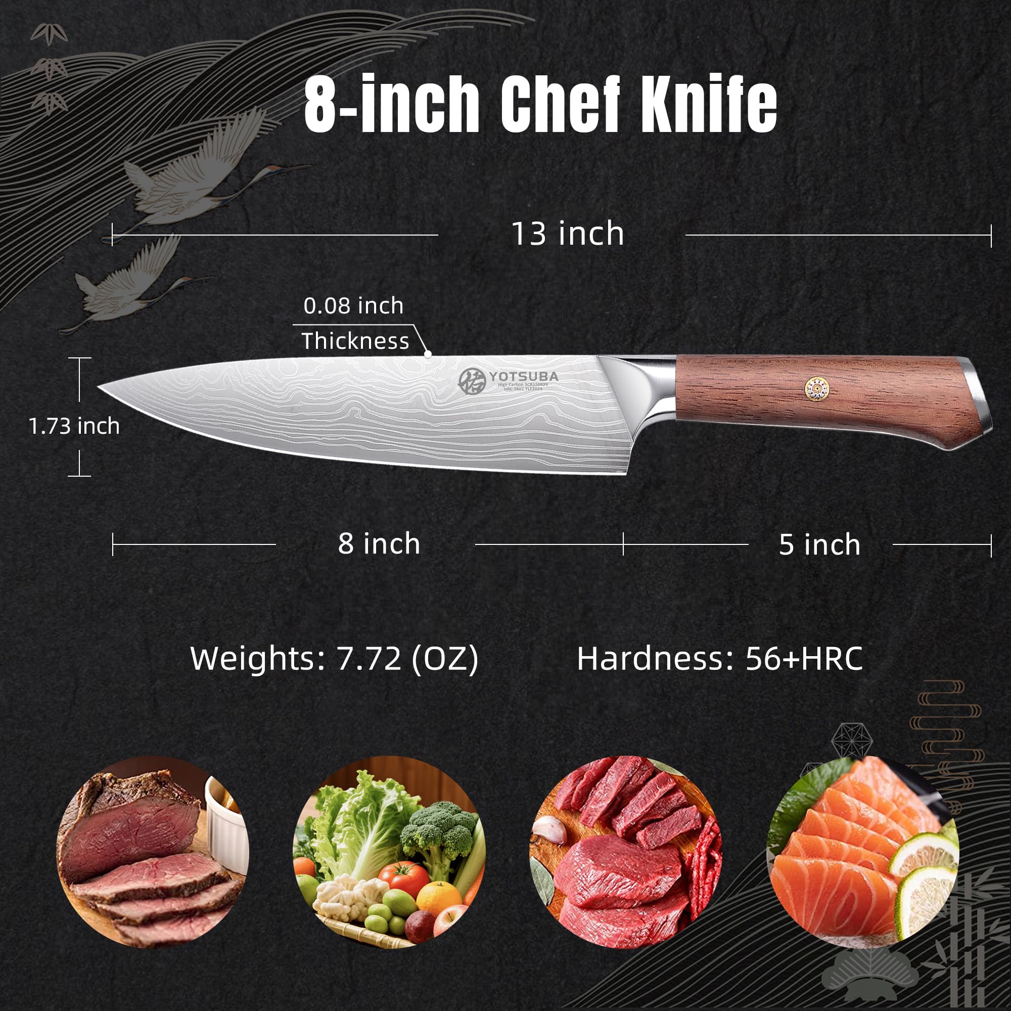 YOTSUBA 8 Inch Japanese Chef Knife with Full Tang Rosewood Handle — Amazon image 5