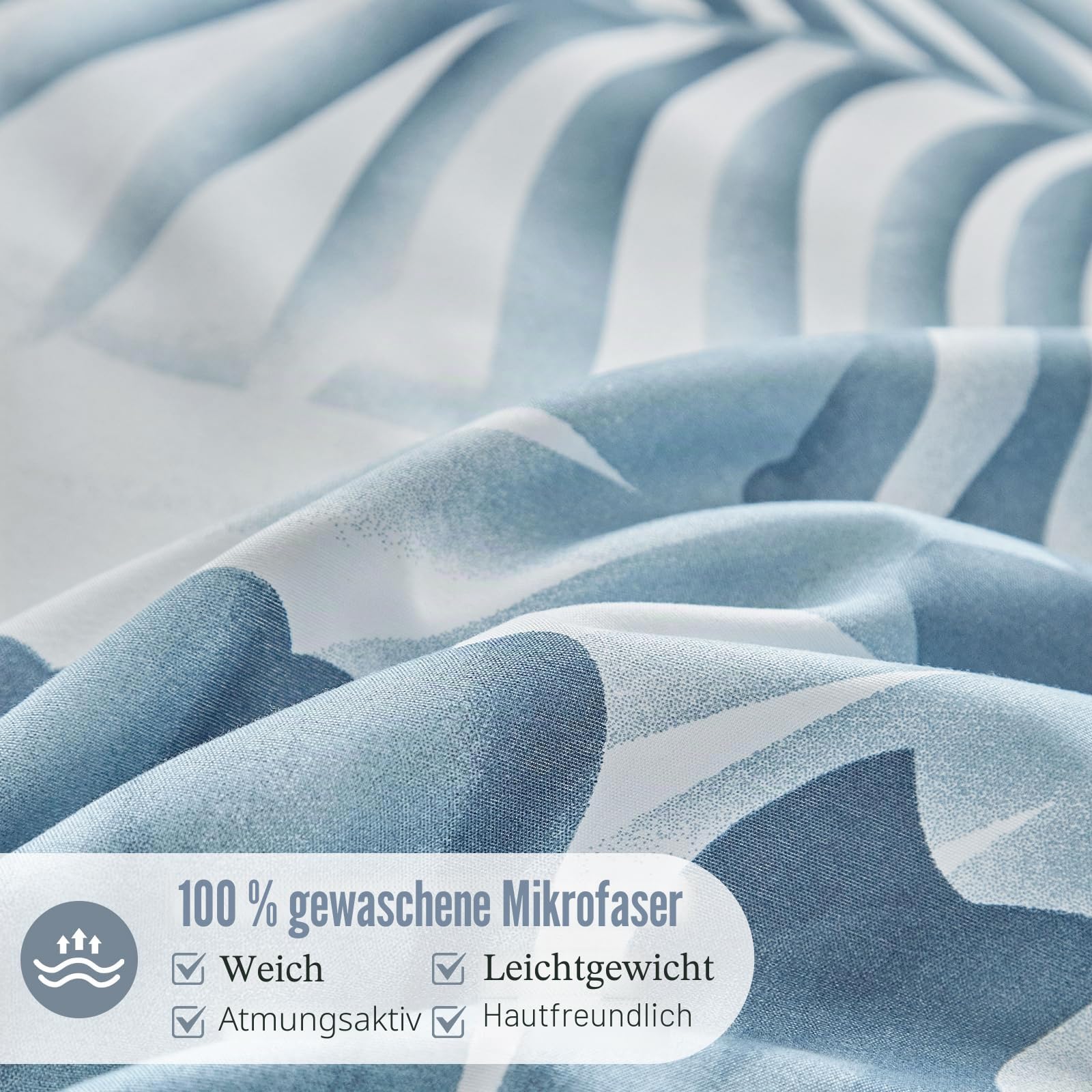 Lekesky Bettwäsche-Set für Doppelbett 260 x 240 cm, 3-teiliges Bettwäsche-Set aus Mikrofaser mit Aquarellmuster, bestehend aus 1 Bettbezug 260 x 240 cm + 2 Kissenbezüge 50 x 80 cm, Blaue Blätter