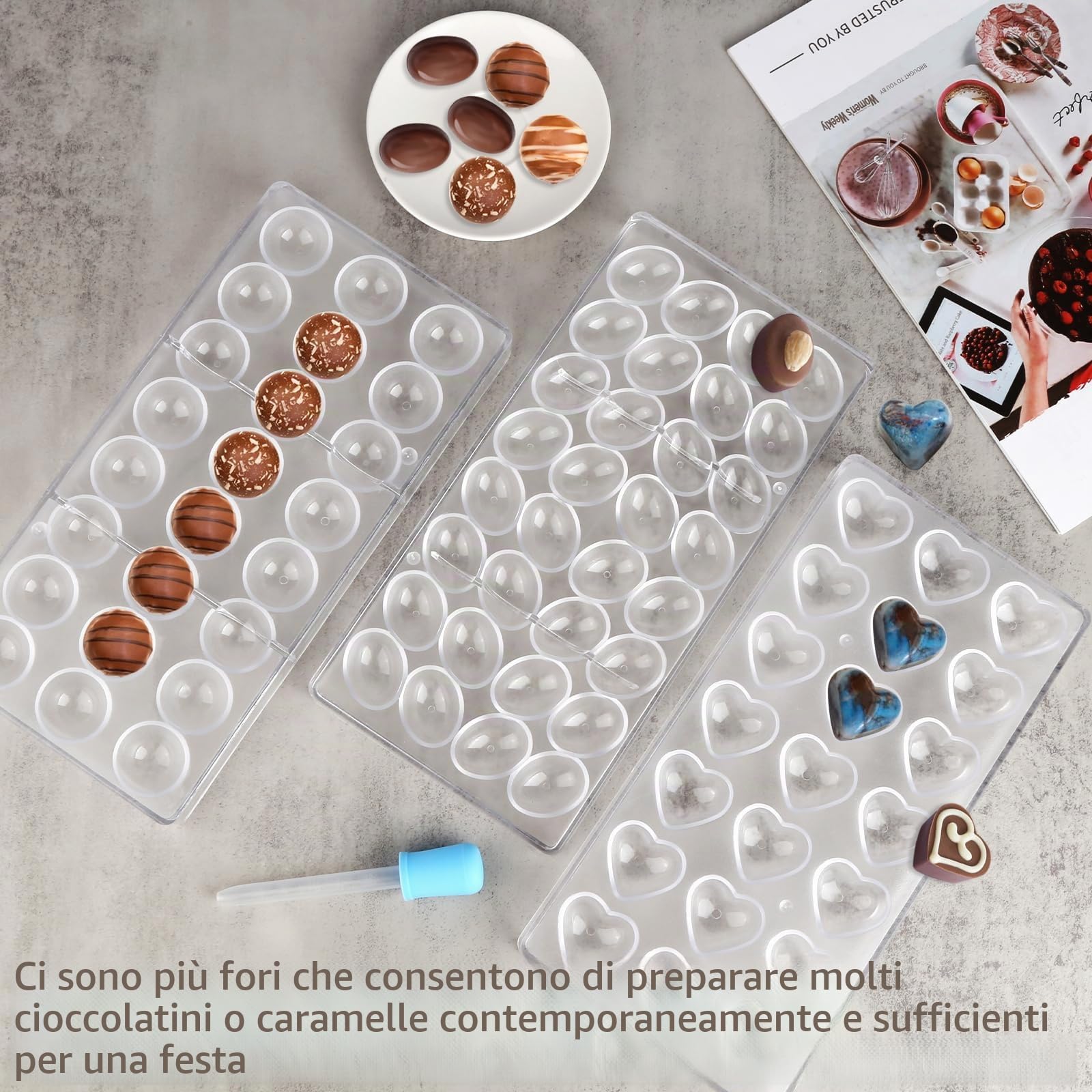 3 stampi per cioccolatini in policarbonato, trasparenti, con 2 contagocce, stampi 3D per gelatine, dolci, cubetti di ghiaccio