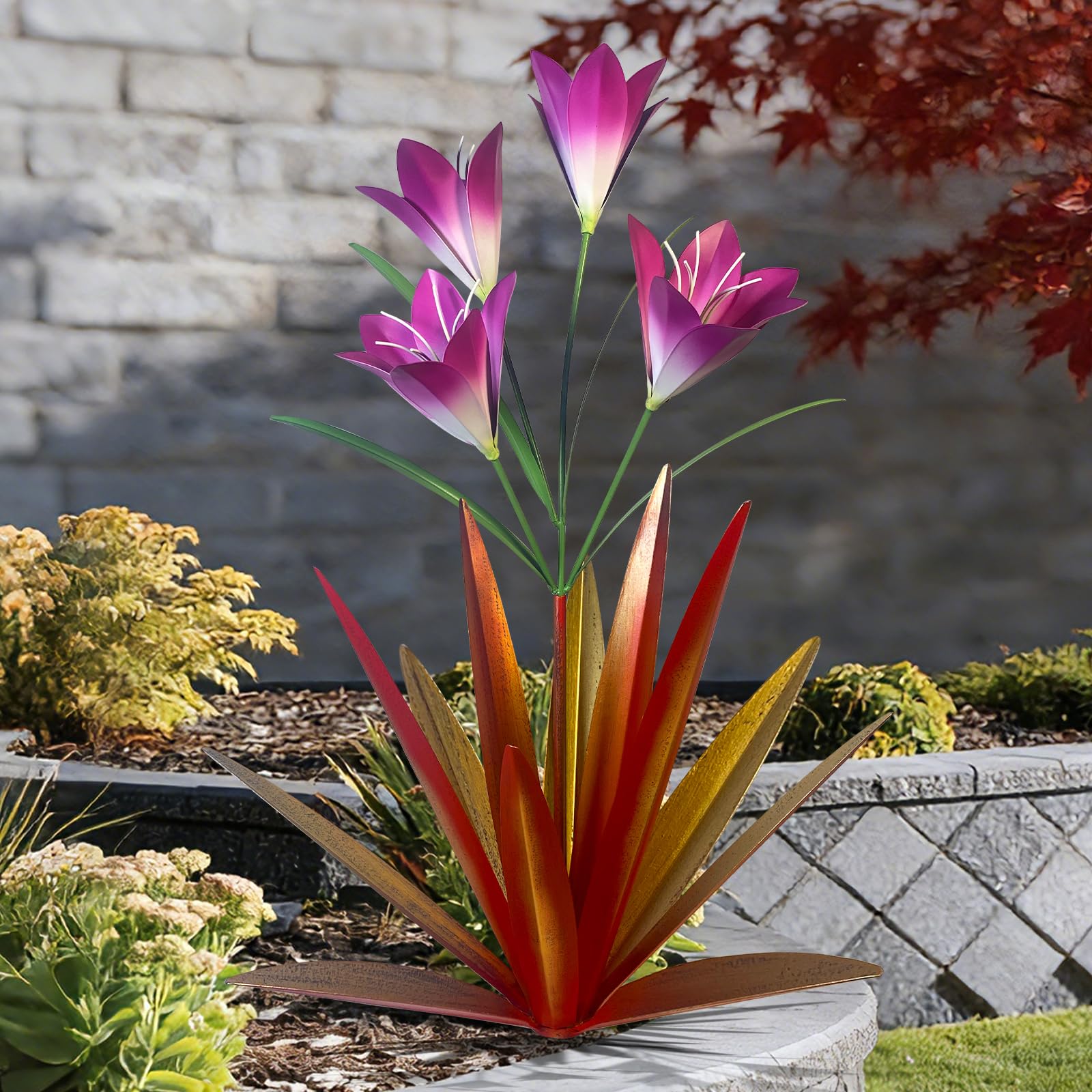 TOMBABY 32.28 Inch Metal Agave Plant Outdoor Decoration Lily Mexican Yard Art Garden Gift Home Decor Hand Painted Metal Agave Garden Yard Statue (1pc, Red)